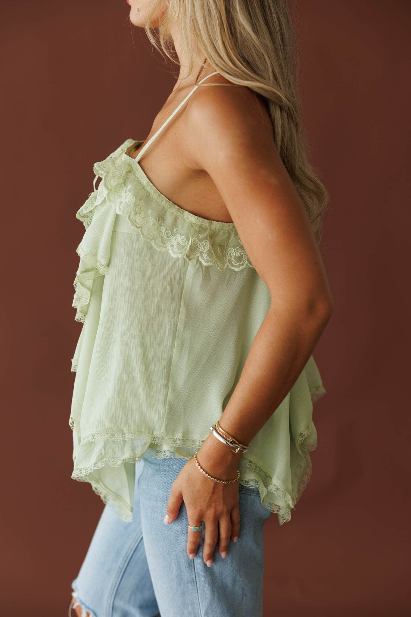 Light Sage Ruffle Lace Tank
