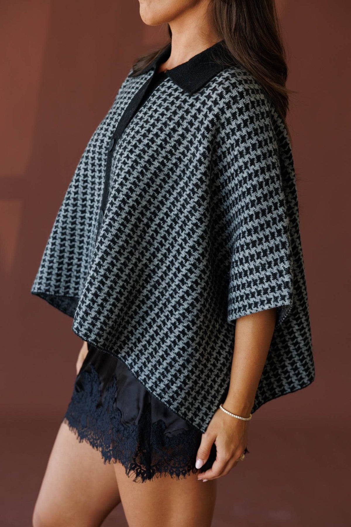 Heather grey and black poncho sweater