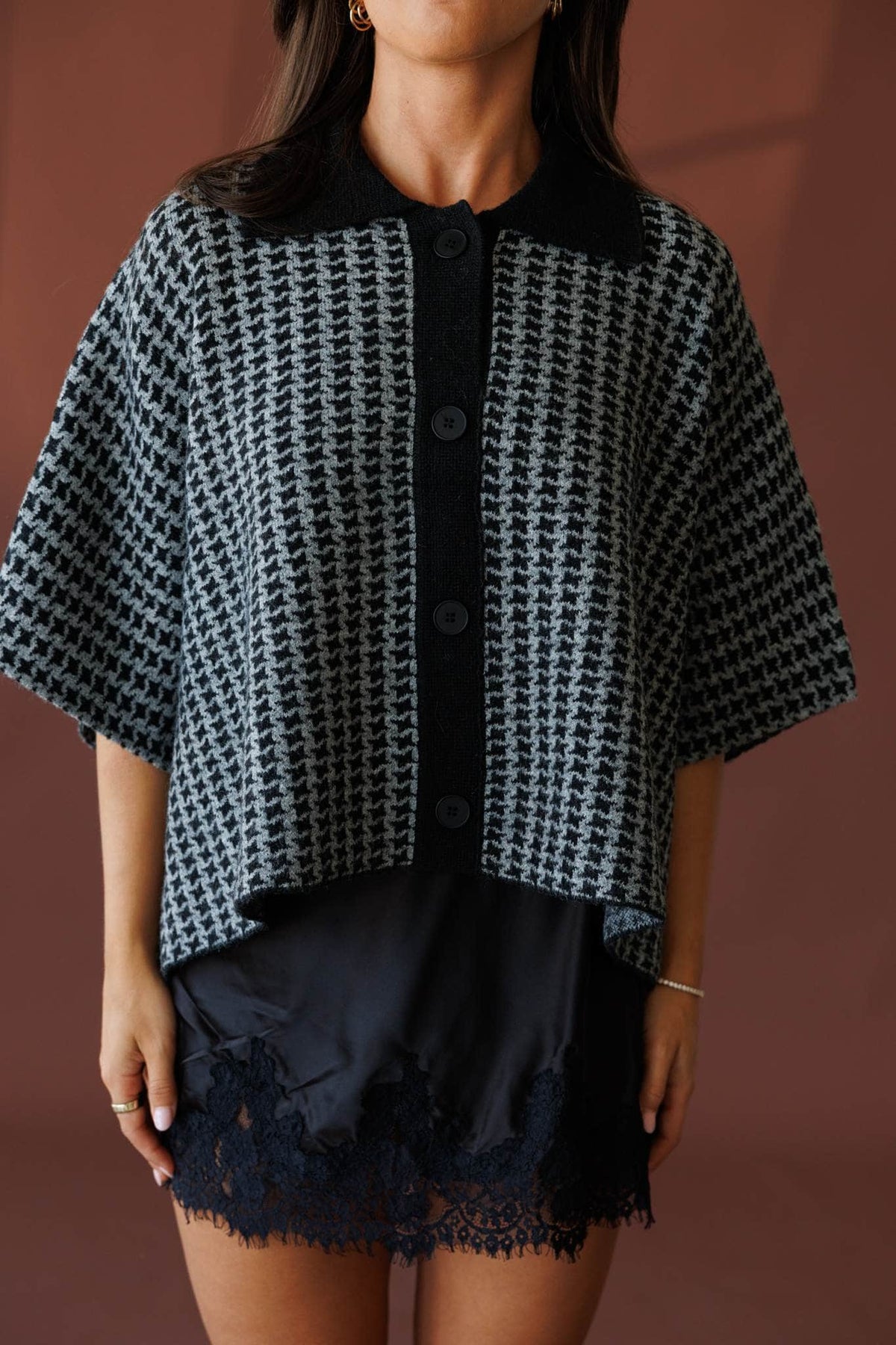 Heather grey and black poncho sweater