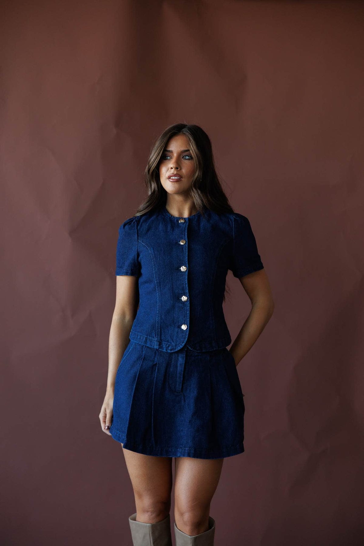 Dark denim button front top, front view