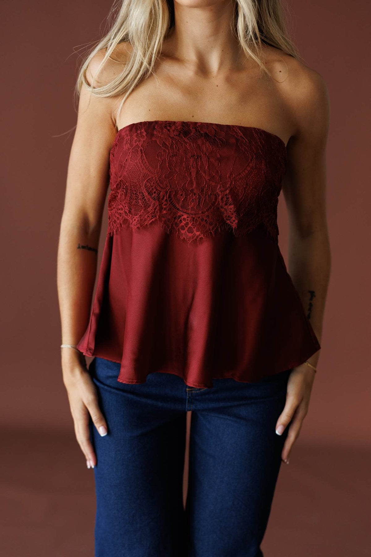 Satin Secrets Tube Top in wine, front close-up of the lace trimmed satin bodice
