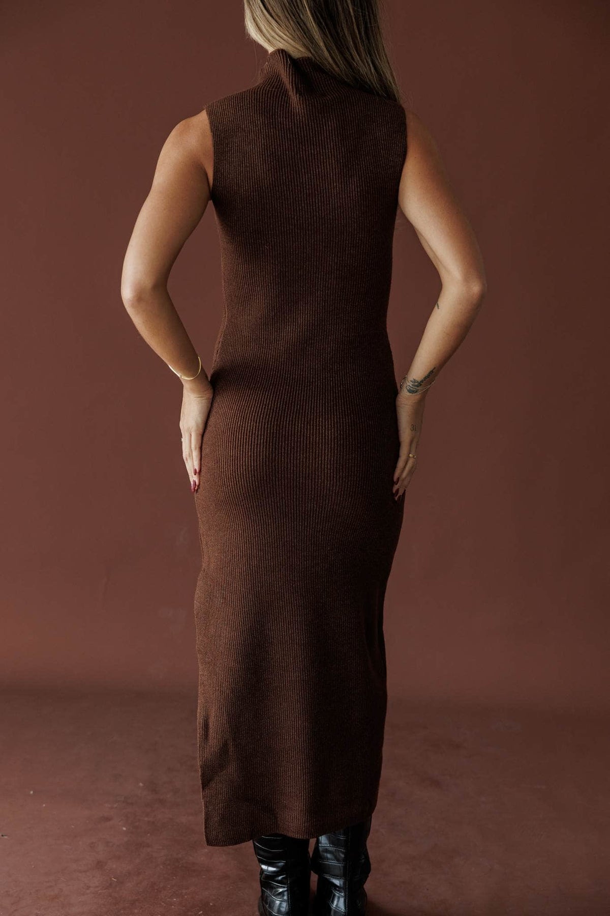 Serving Looks Sweater Dress, in chocolate, back view of the sweater maxi dress