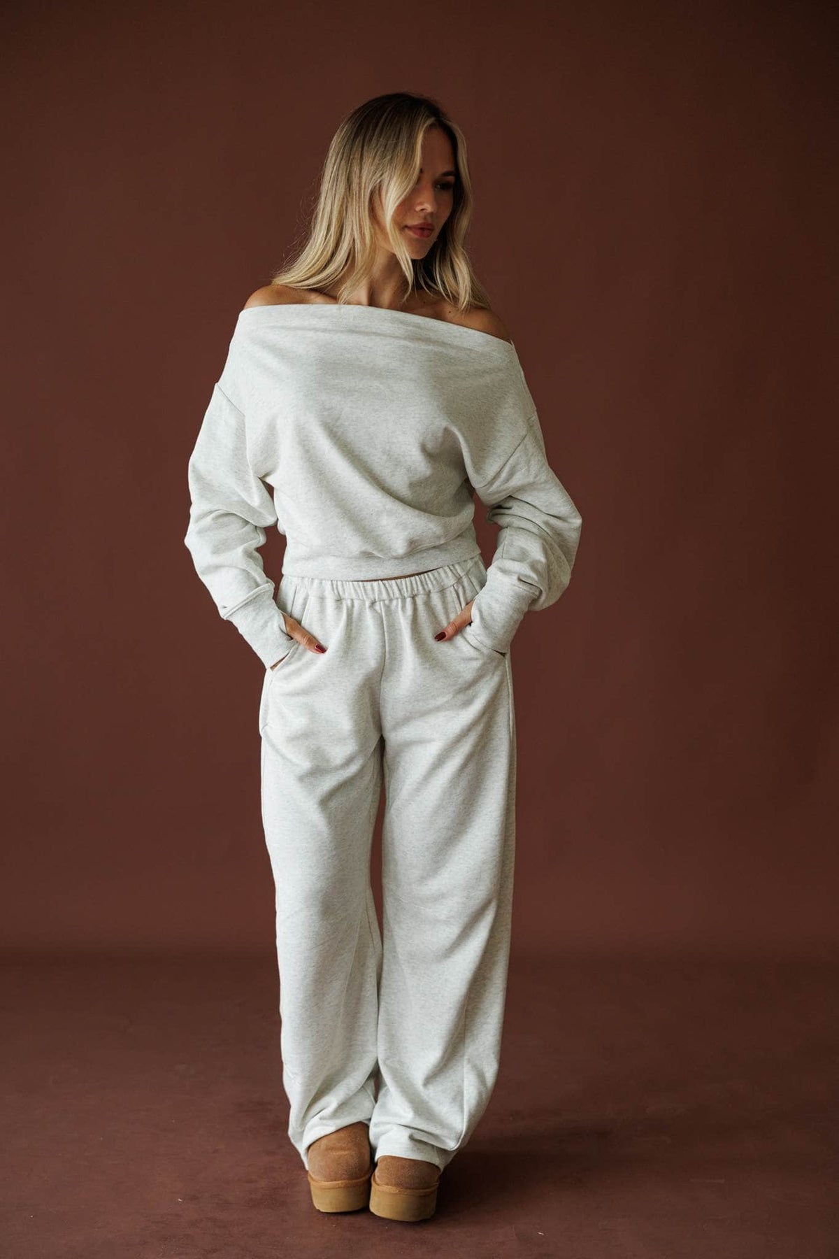 Slow Sunday Terry Top in heather grey, full-length view on model with tan clogs
