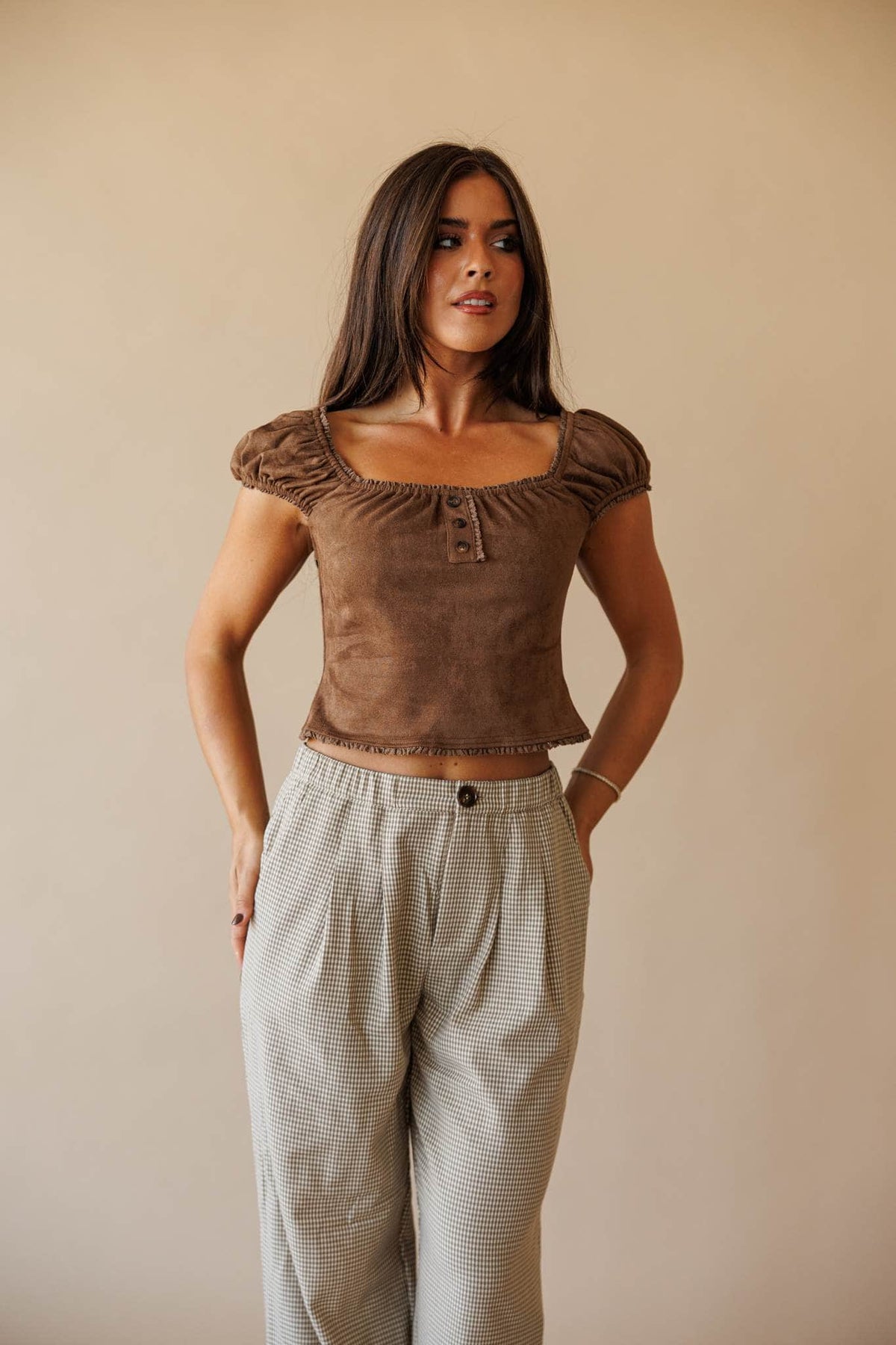 Brown faux suede square neck top