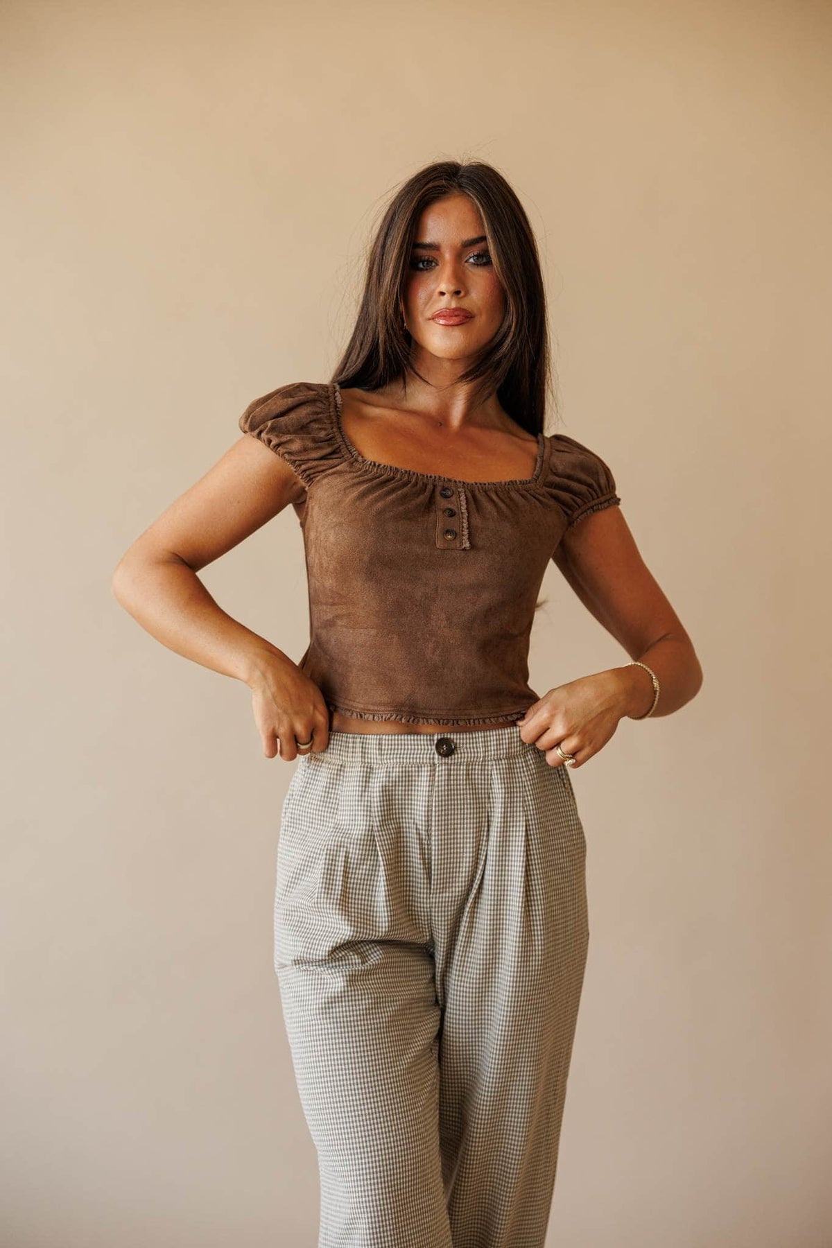 Brown faux suede square neck top, front view