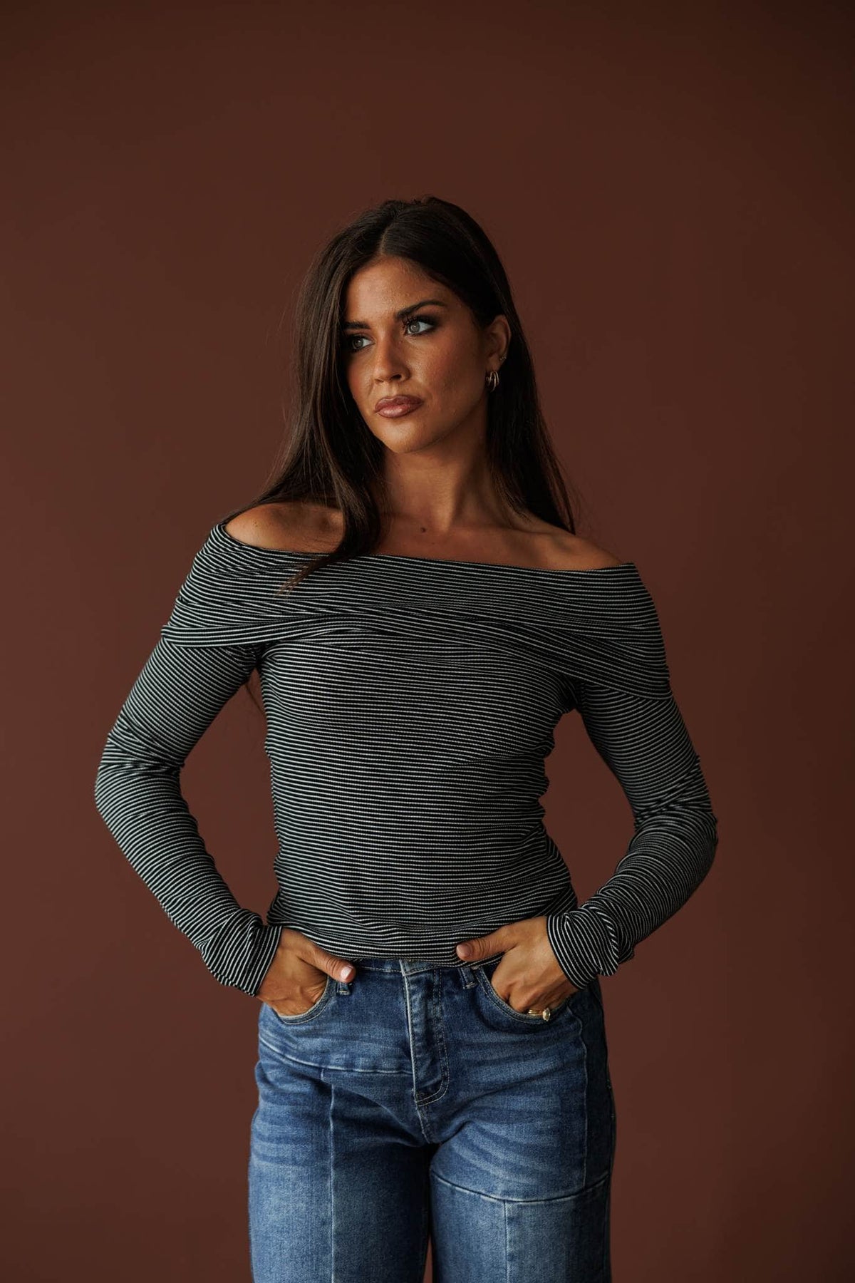 Black striped off the shoulder top, front view