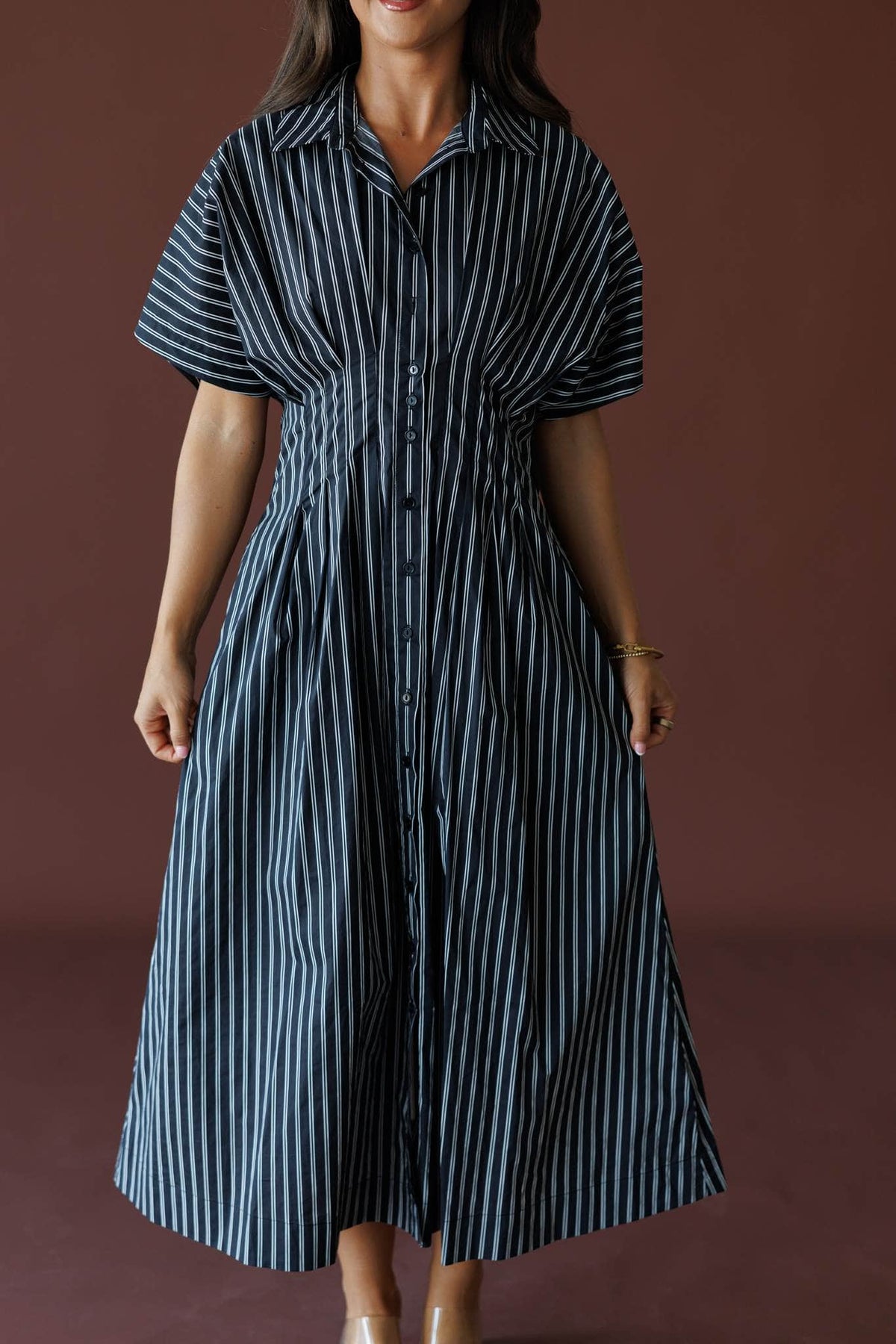 Striped Dolman Sleeve Midi Dress in black stripe, front close-up of the collar and button front