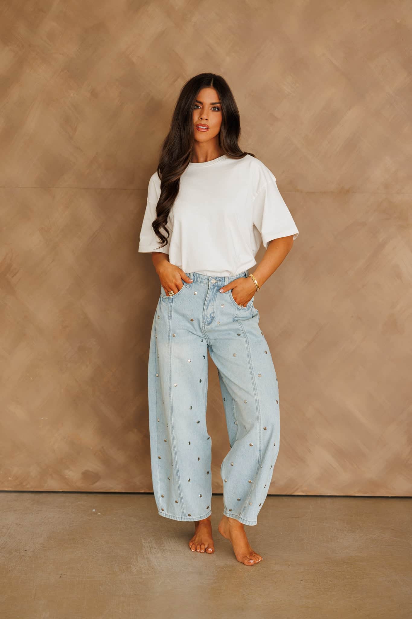 Studded Barrel Denim Pants