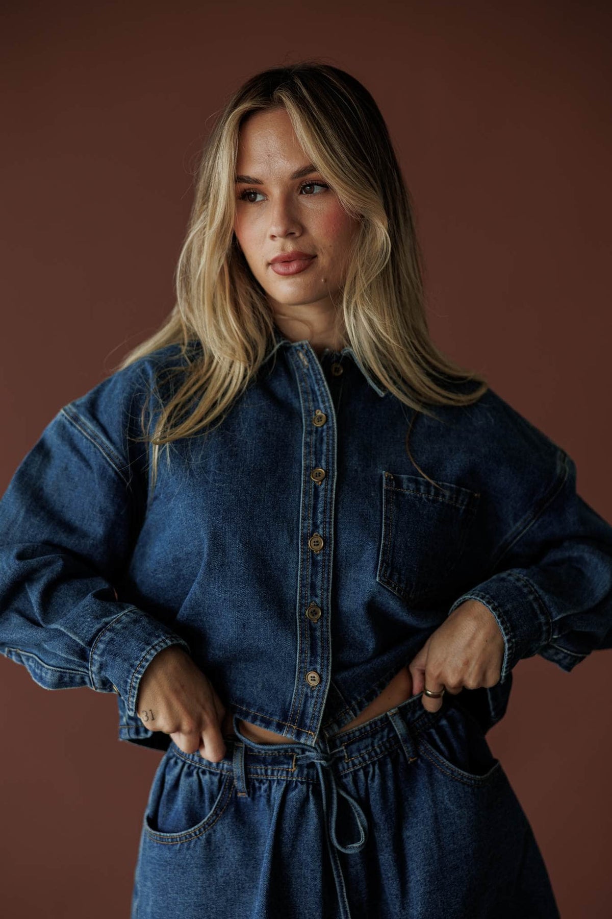 Denim jacket with drawstring waist