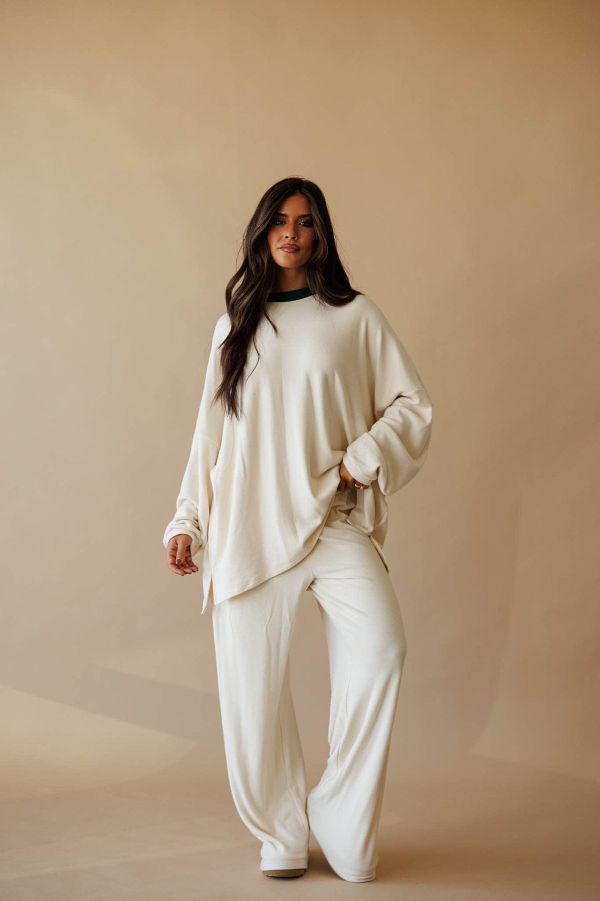 Cream brushed knit wide leg pants