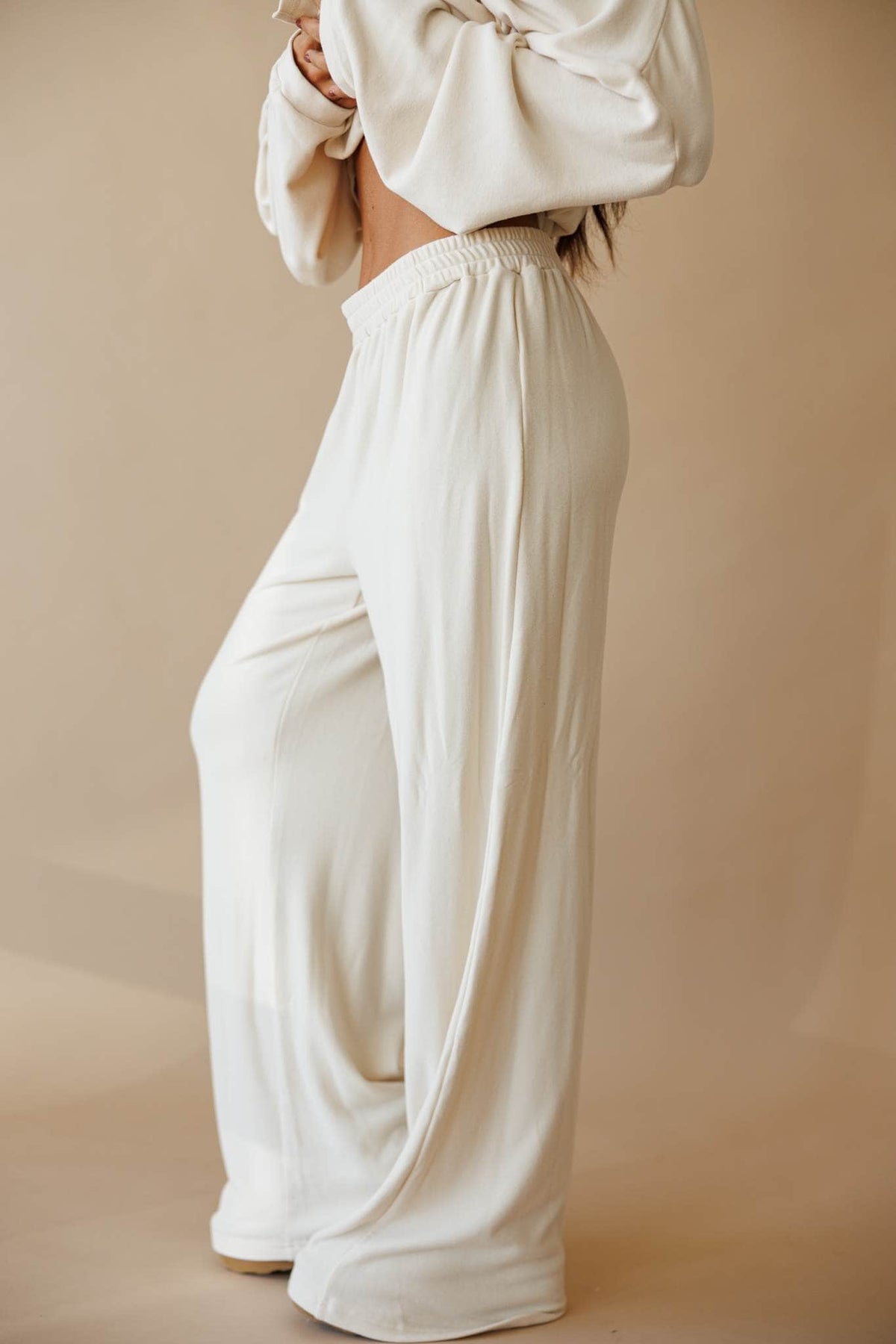 Cream brushed knit wide leg pants