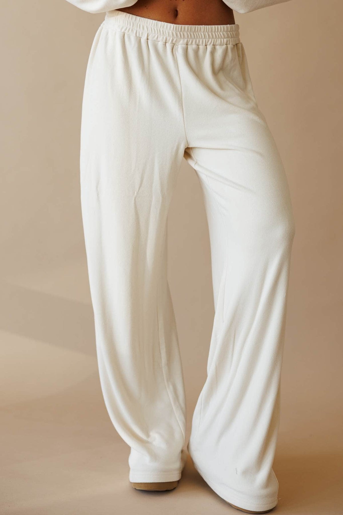 Cream brushed knit wide leg pants, front view