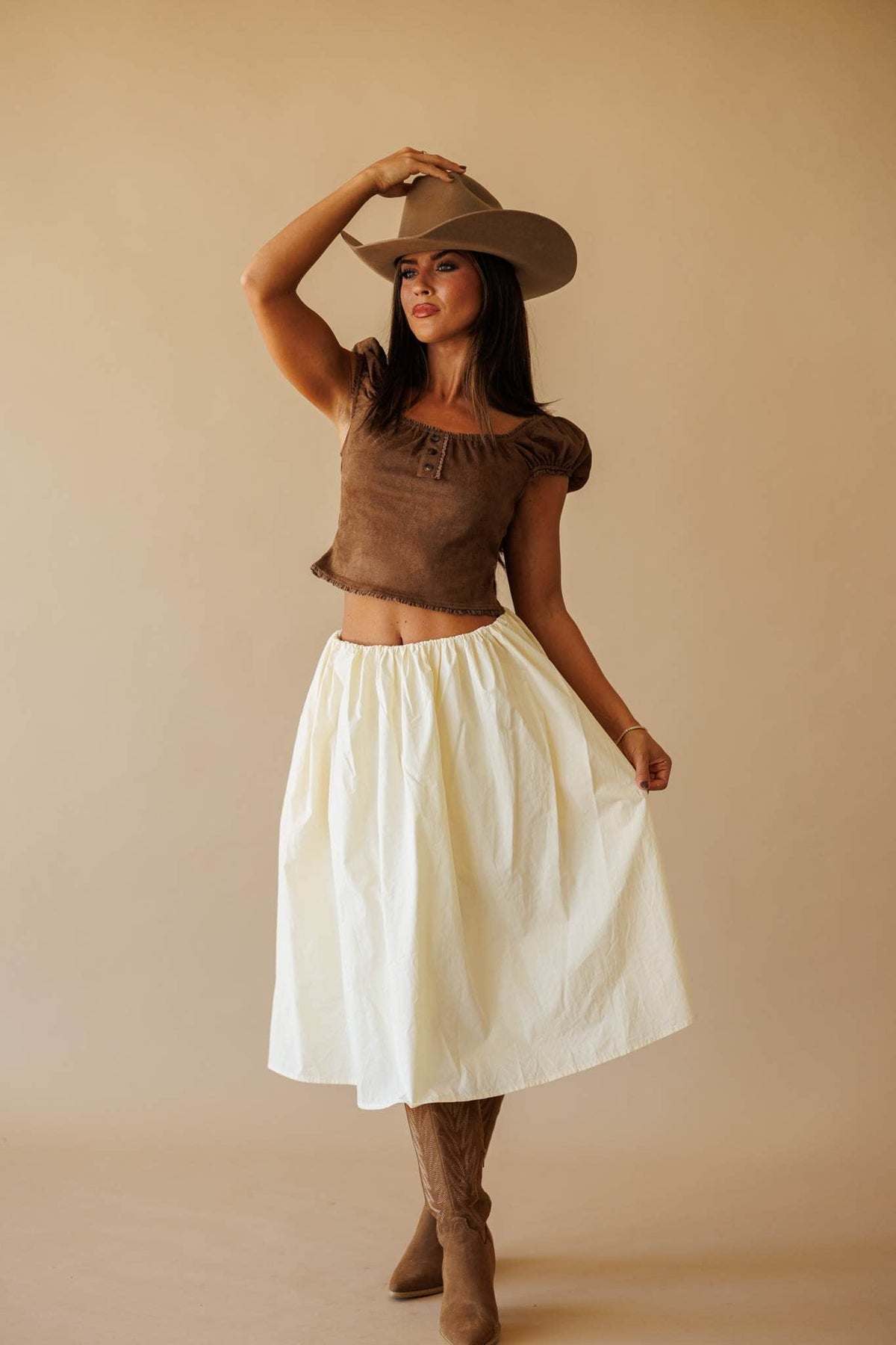 Cream gathered waist midi skirt