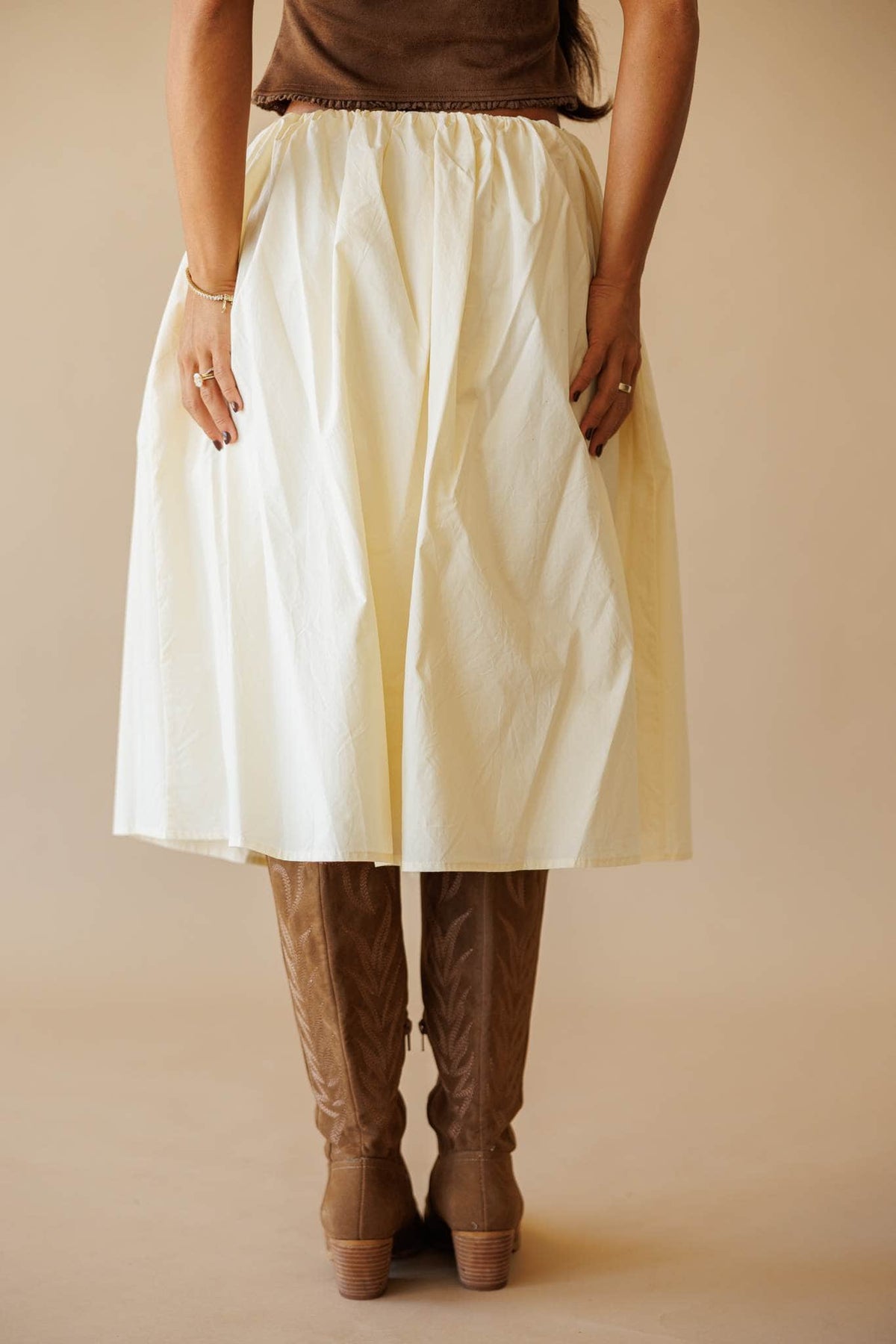 Cream gathered waist midi skirt