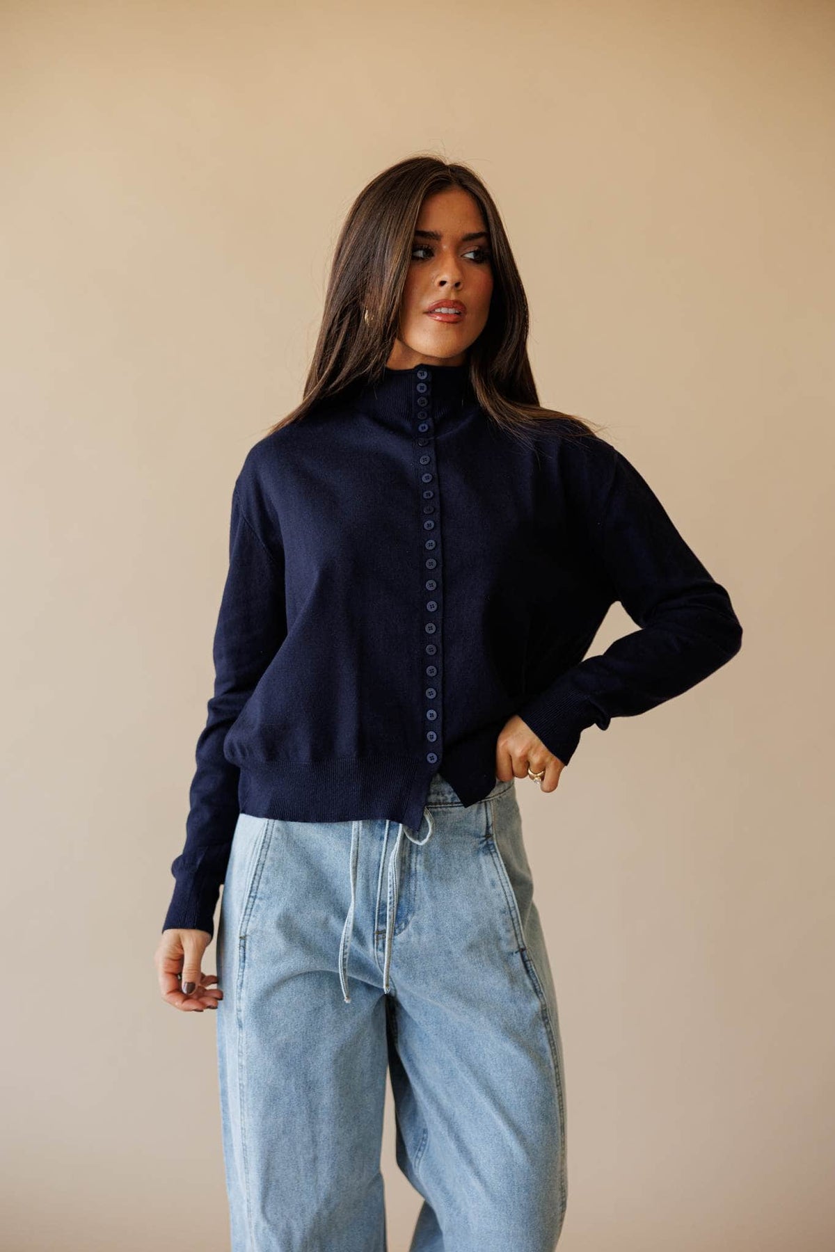 Navy button front mock neck cardigan