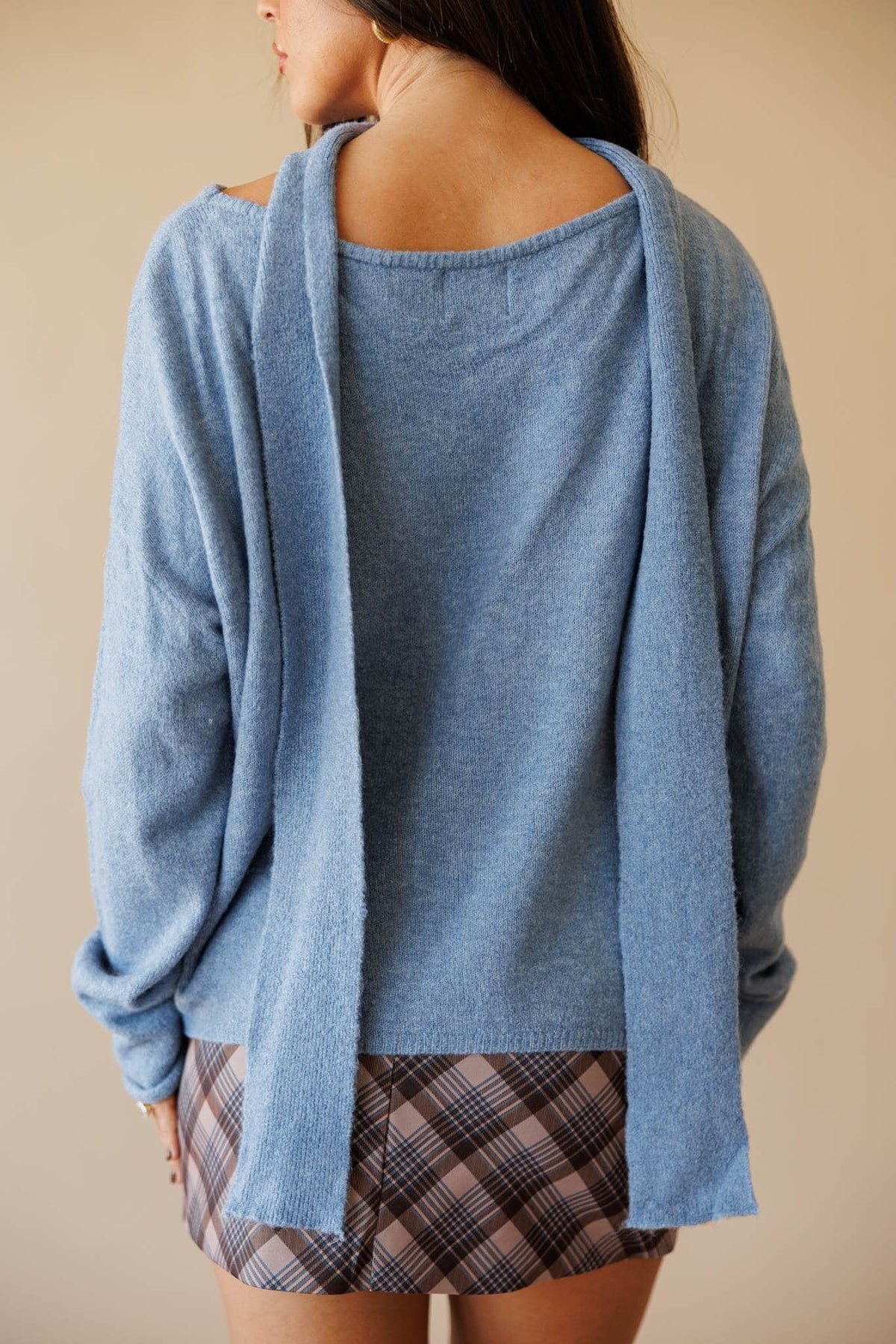 Dusty blue cold shoulder sweater with scarf detail