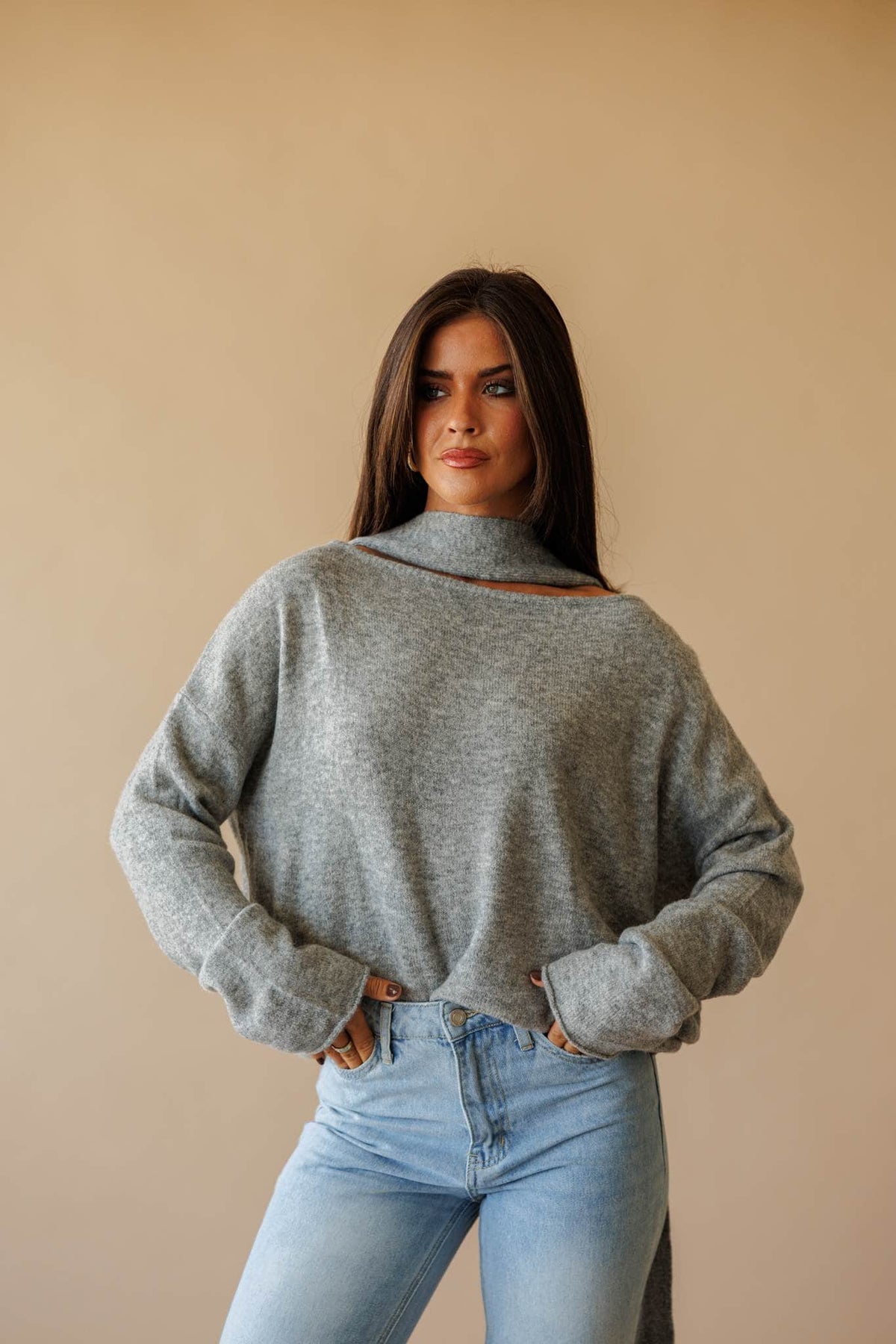 Dusty blue cold shoulder sweater with scarf detail