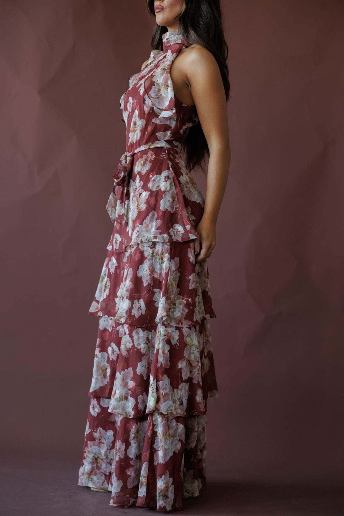 Burgundy floral tiered halter maxi dress