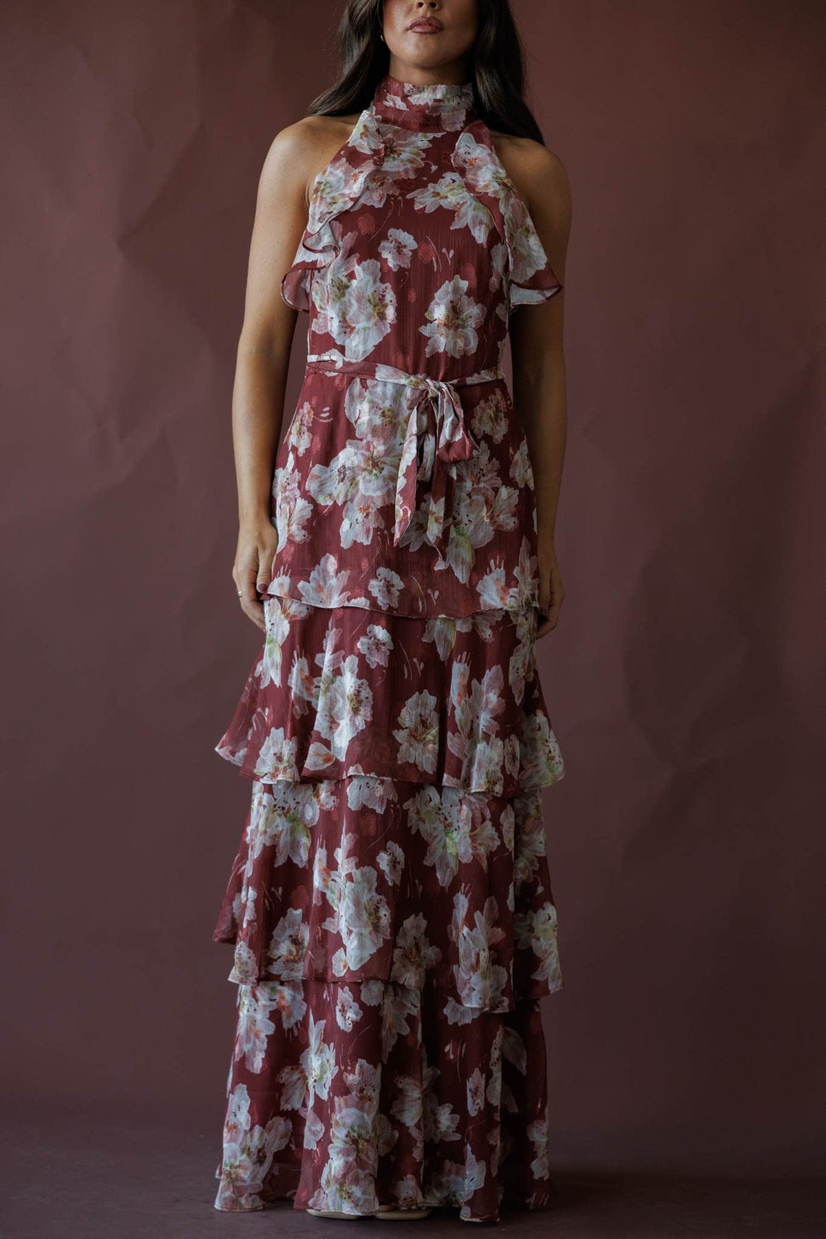 Burgundy floral tiered halter maxi dress