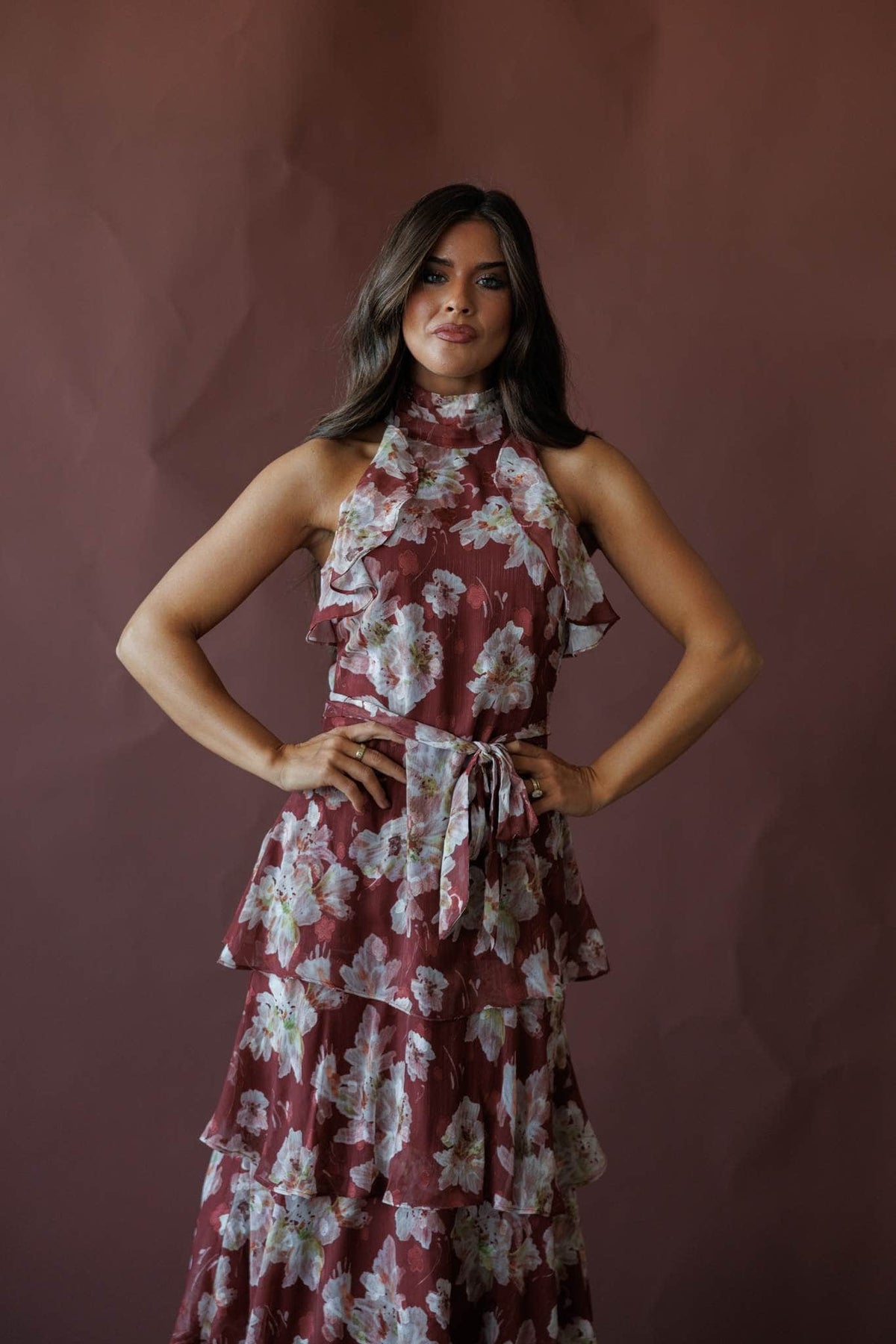 Burgundy floral tiered halter maxi dress