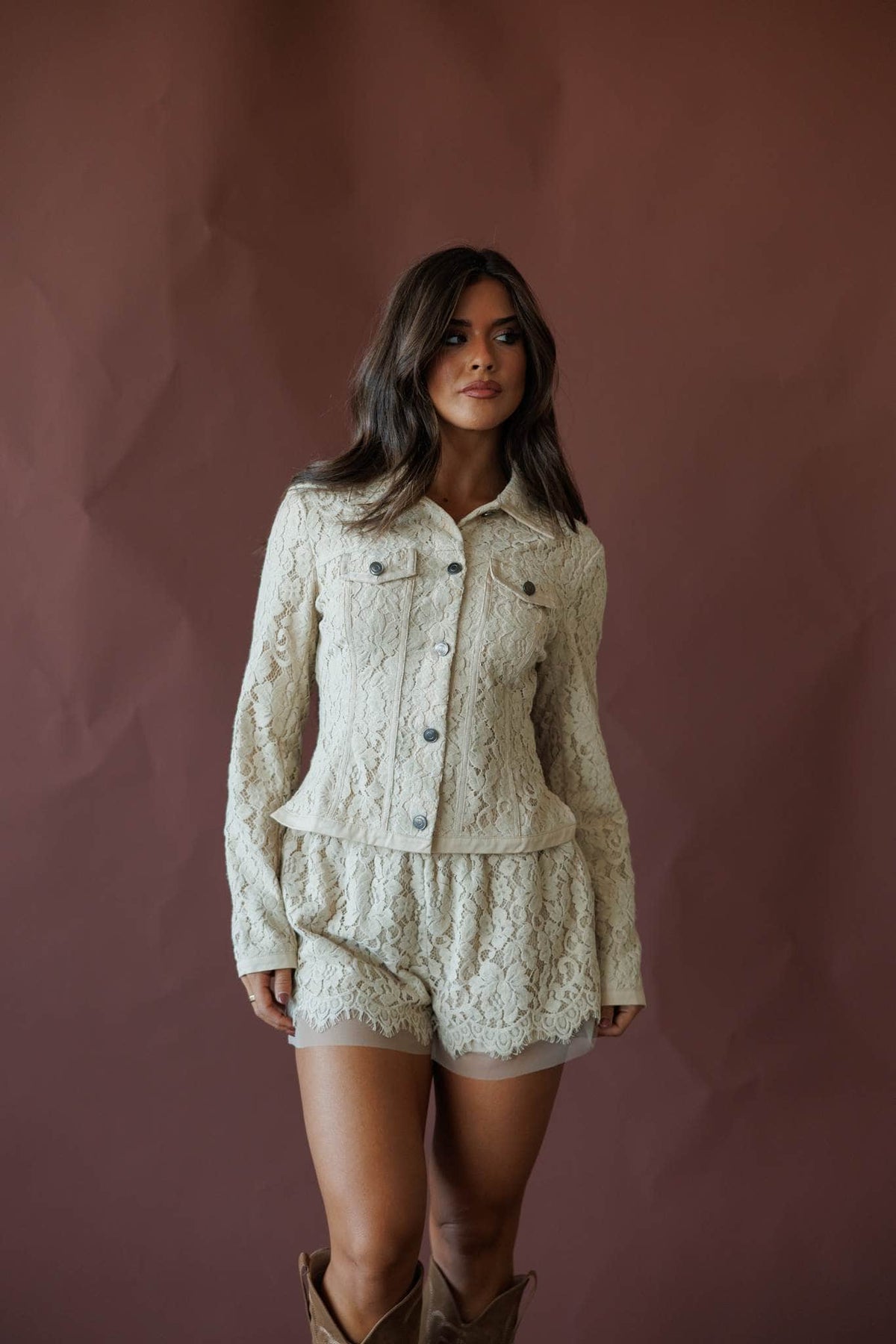 Cream lace button front jacket