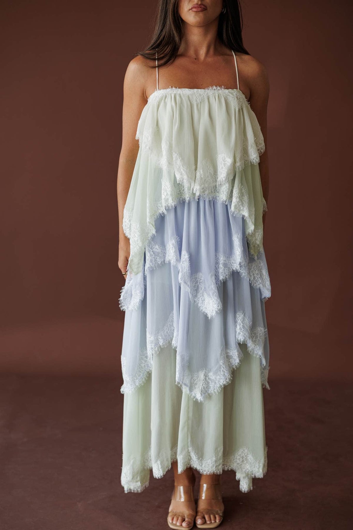 Tiered lace chiffon midi dress