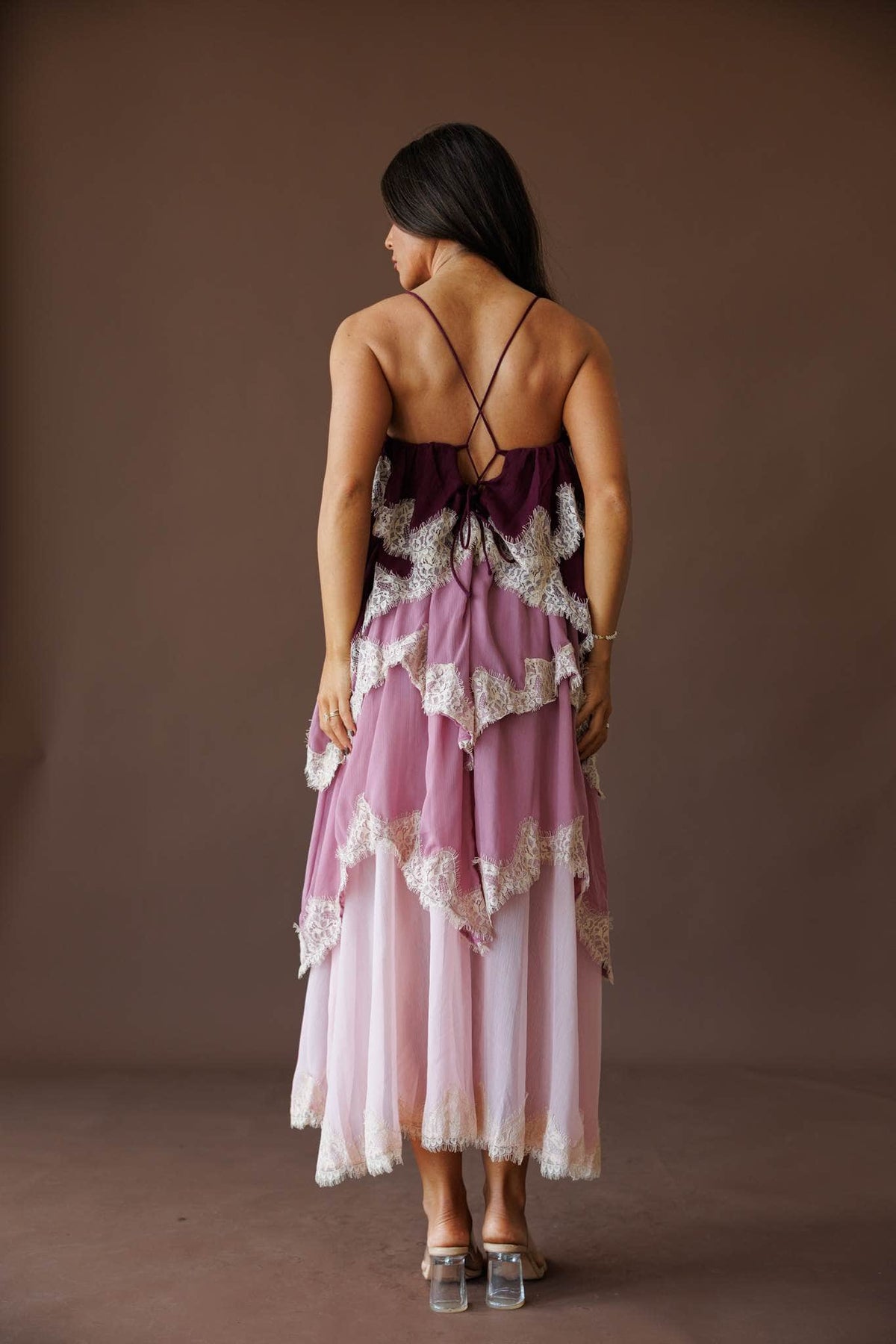 Tiered lace chiffon midi dress