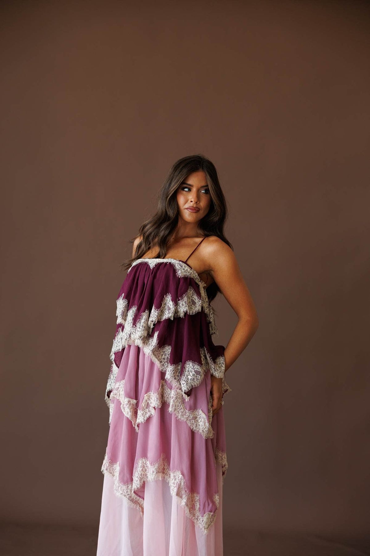 Tiered lace chiffon midi dress