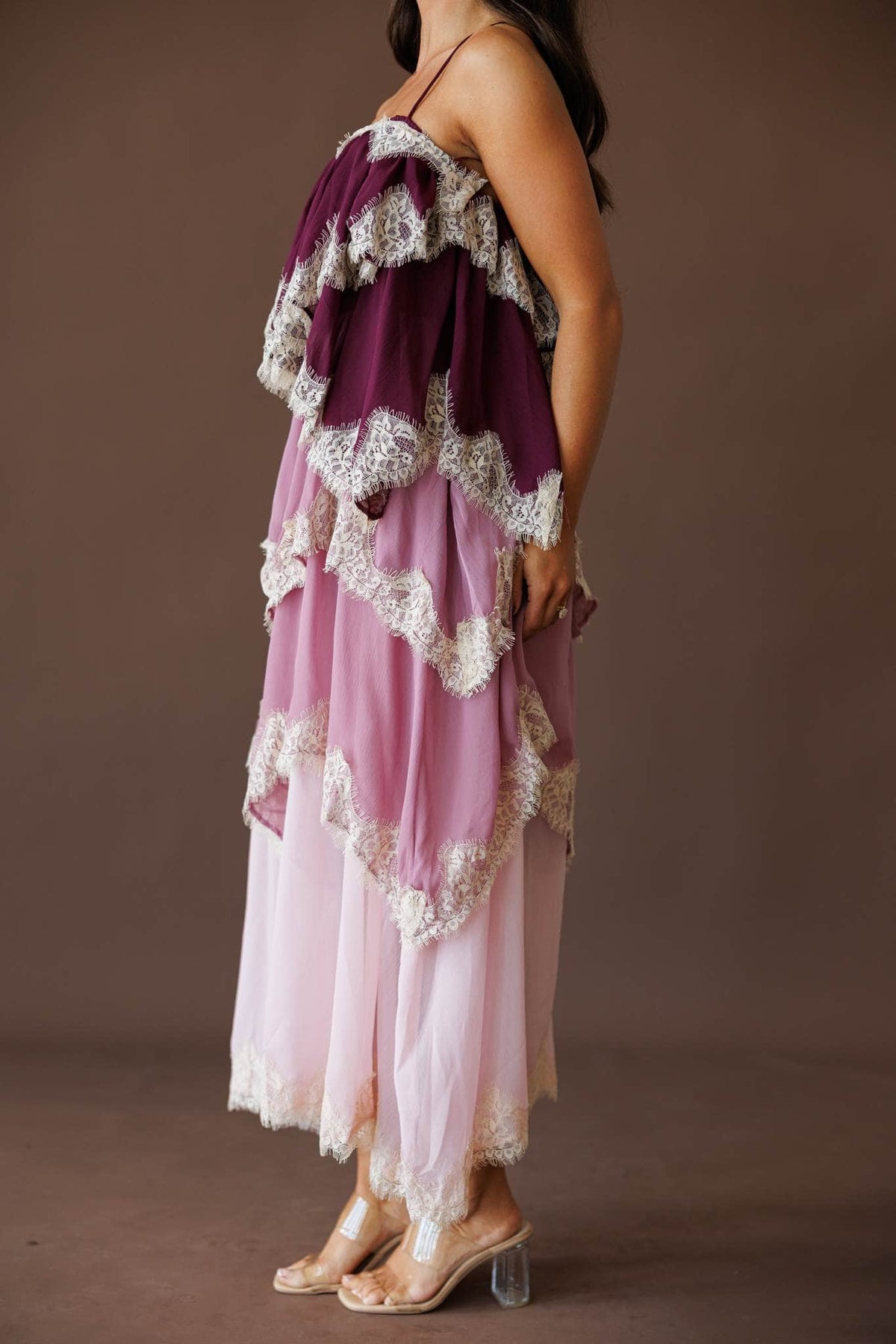 Tiered lace chiffon midi dress