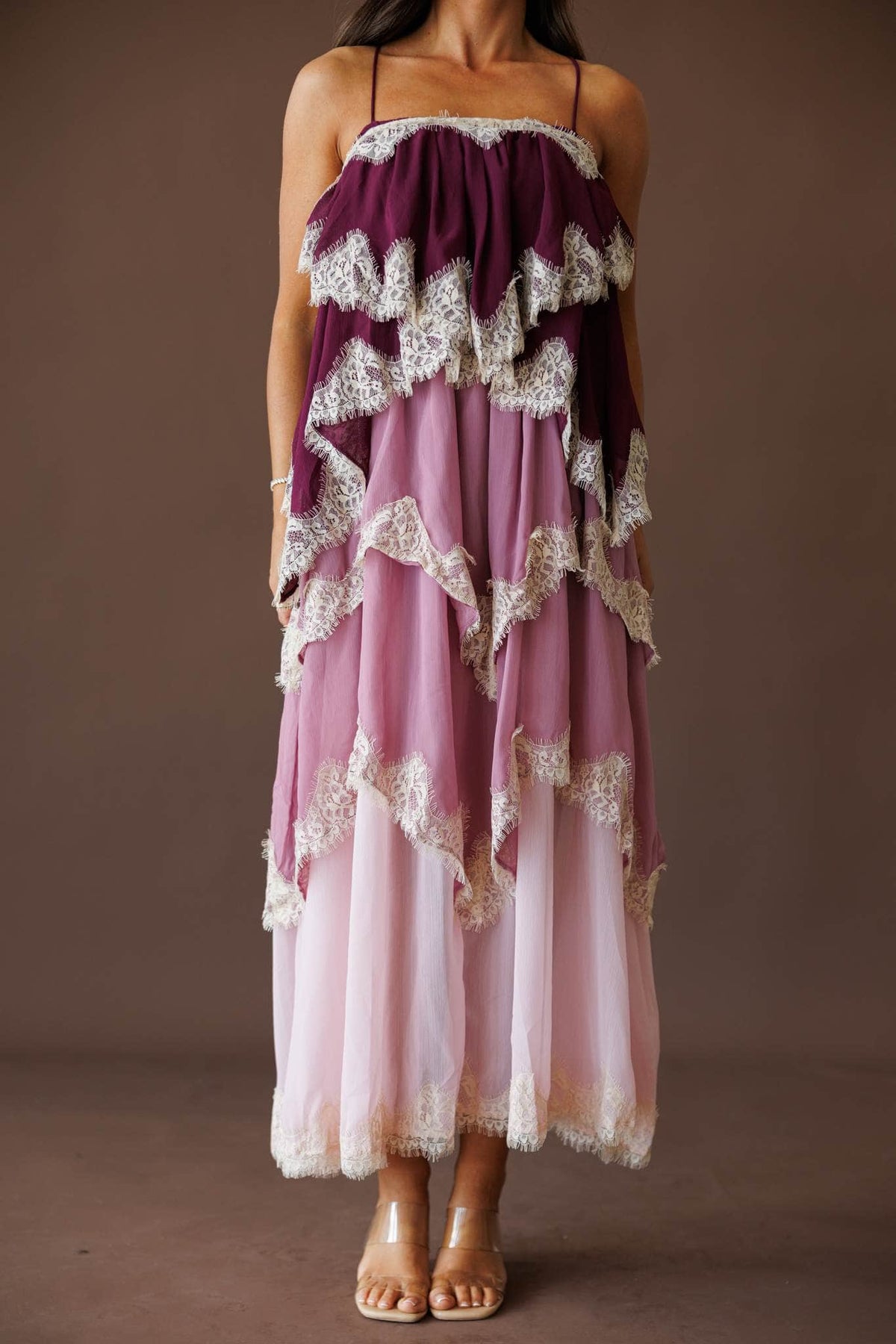 Tiered lace chiffon midi dress