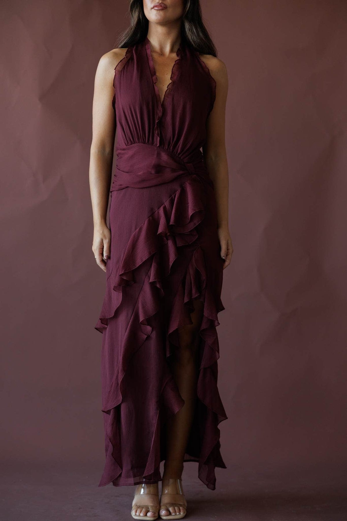 Wine ruffle halter maxi dress