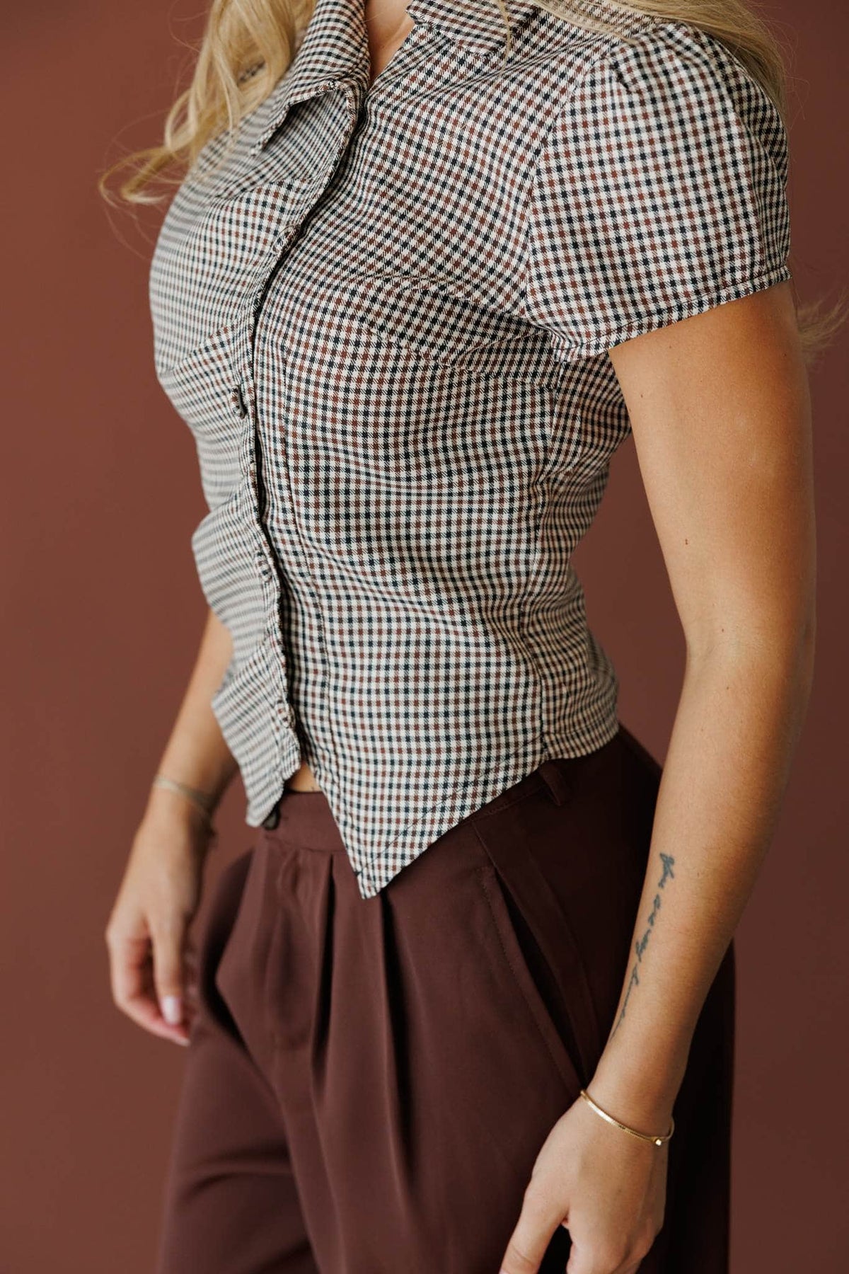 Grey micro check short sleeve button top