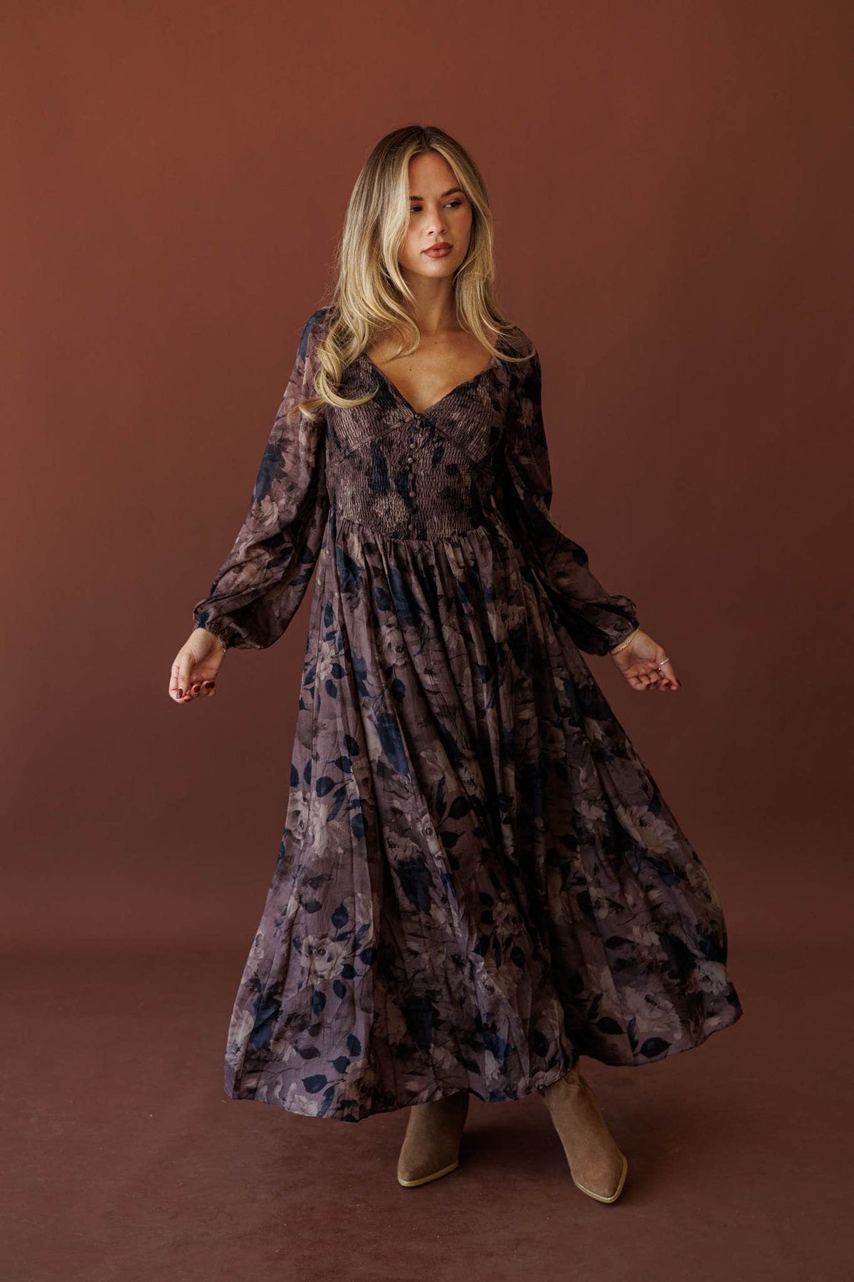 Wildwood Floral Maxi Dress, front view with the skirt swept out