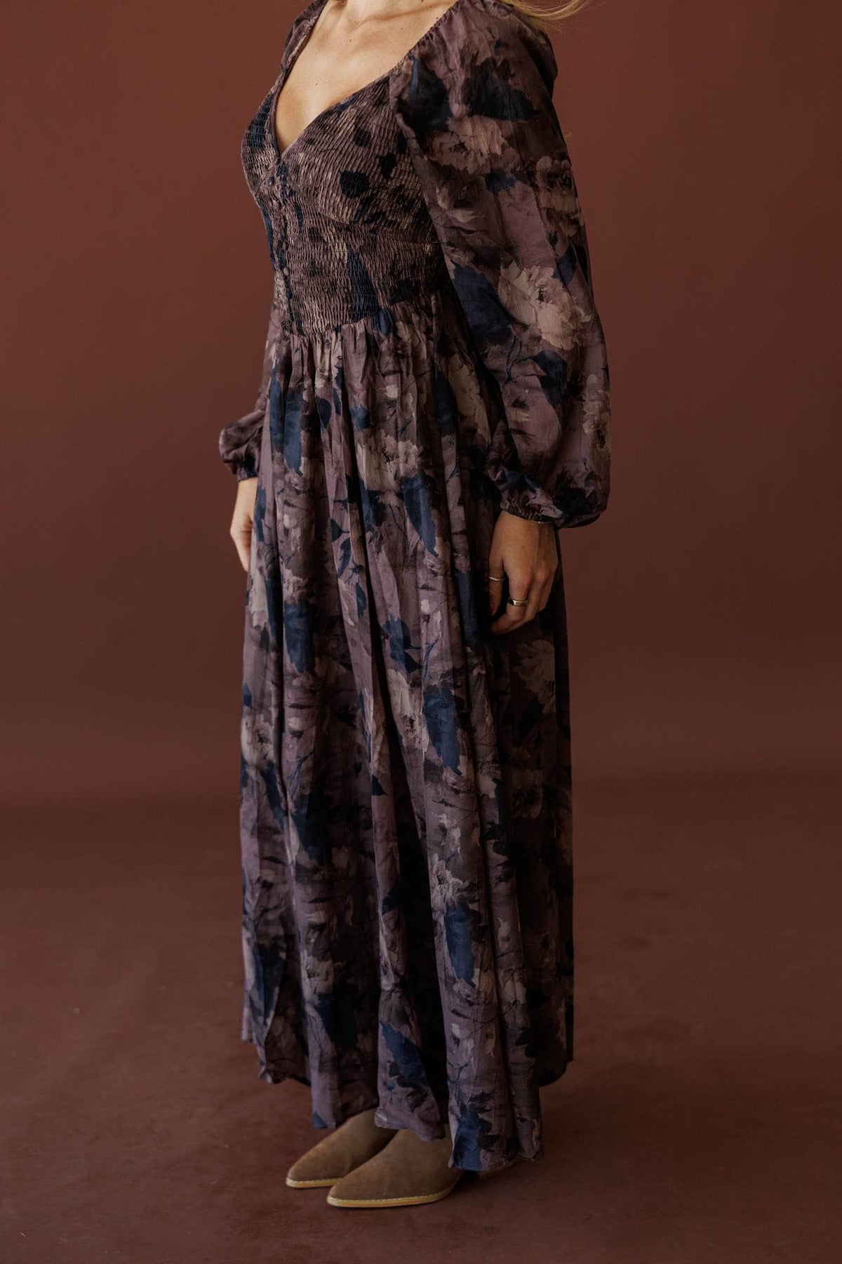 Wildwood Floral Maxi Dress, side view of the full skirt