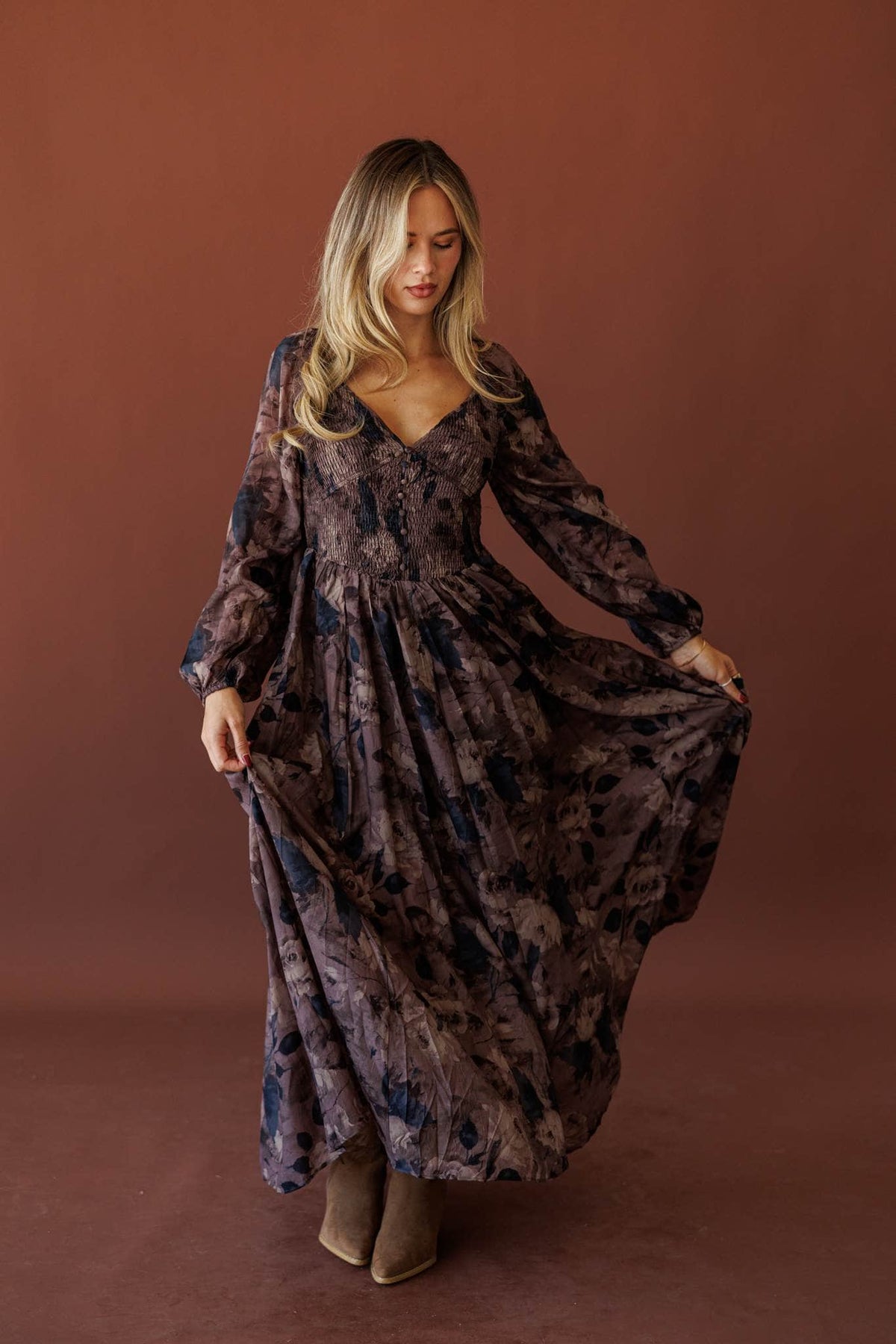 Wildwood Floral Maxi Dress, front view of the deep V neckline