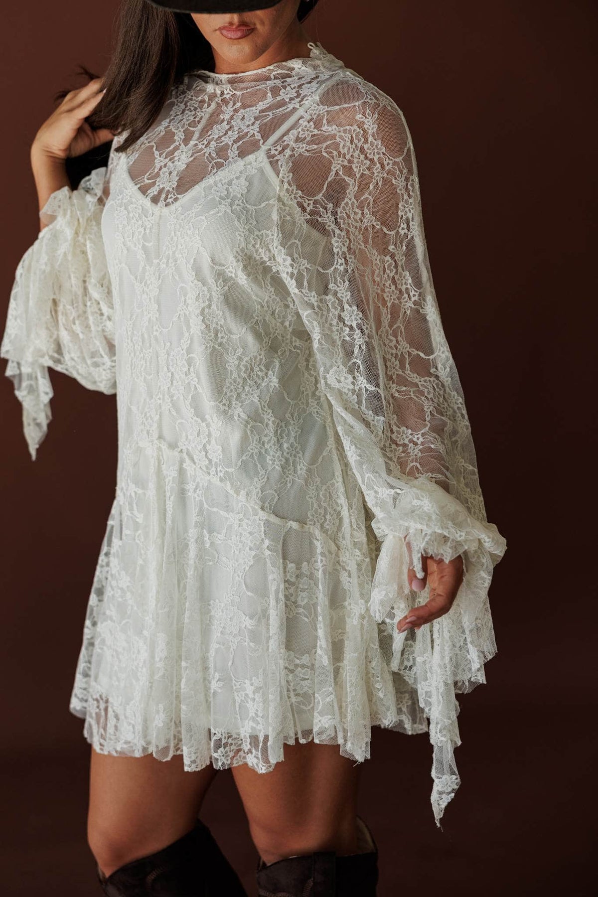 Lace Legend Mini Dress, in cream, side view of the balloon sleeve