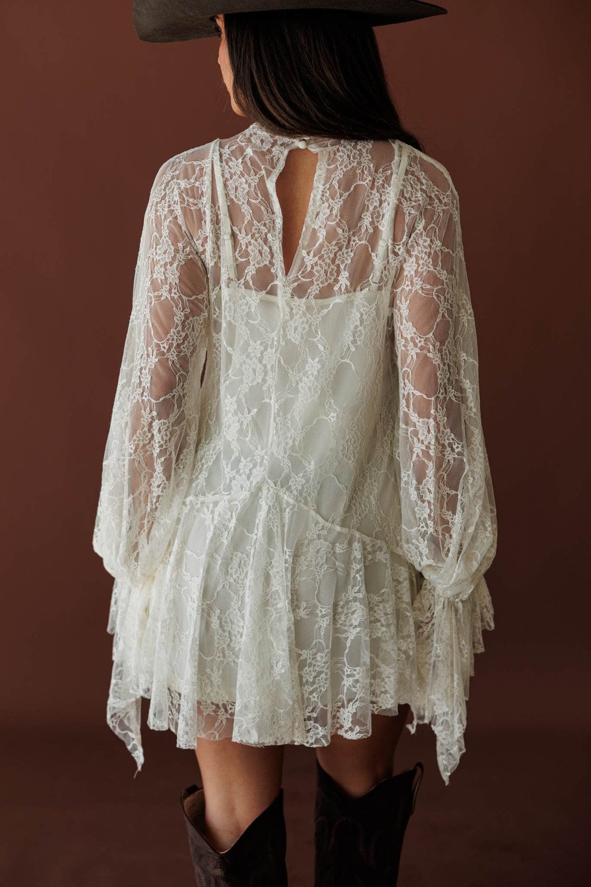 Lace Legend Mini Dress, in cream, back view of the lace yoke