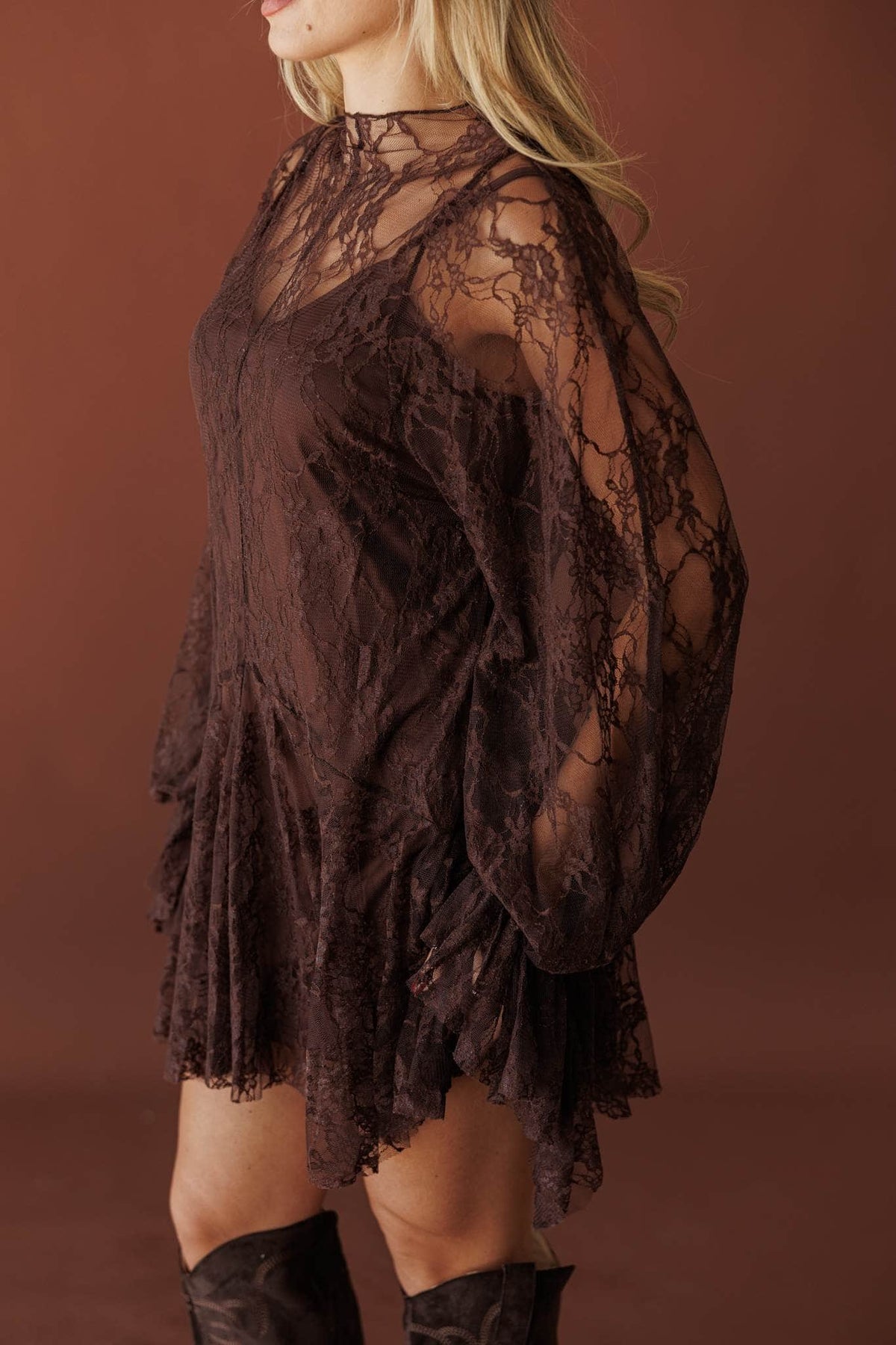 Lace Legend Mini Dress, in chocolate, front view of the balloon sleeves