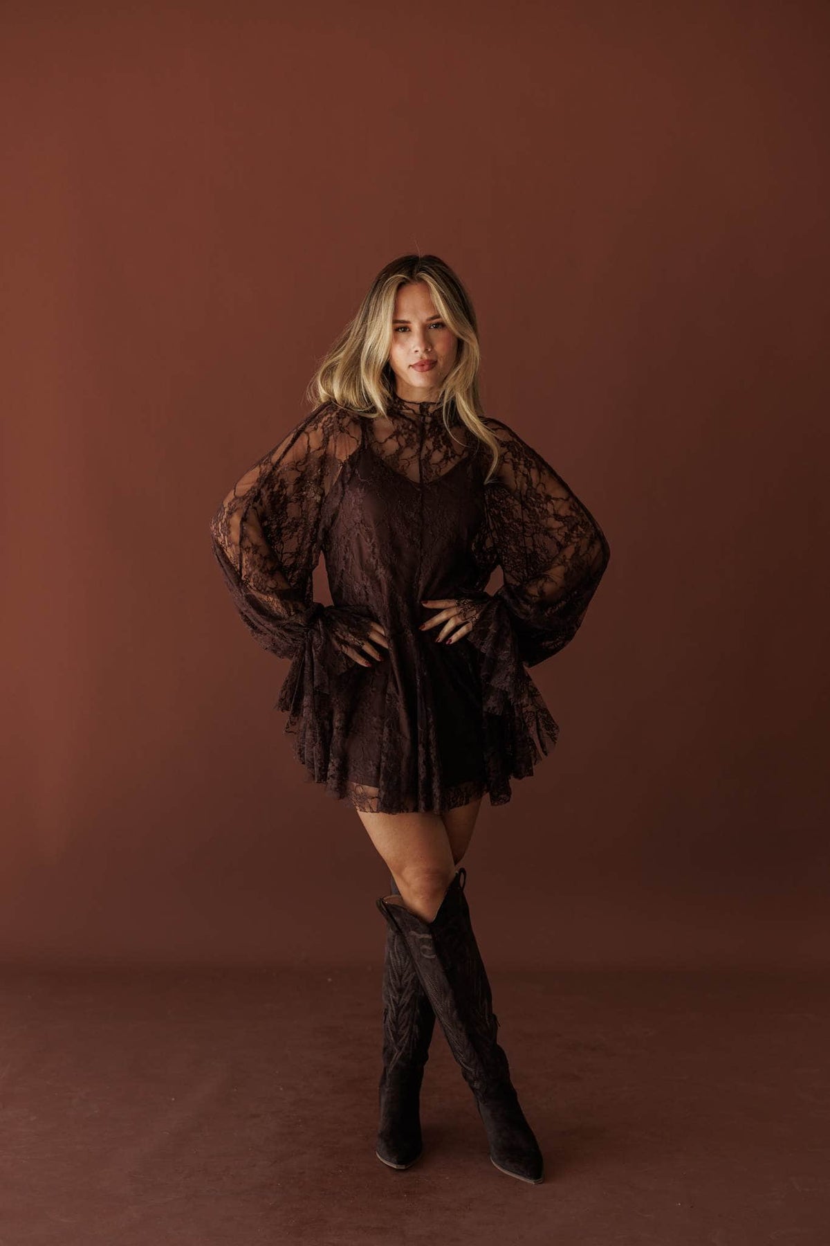 Lace Legend Mini Dress, in chocolate, full-length view with tall boots