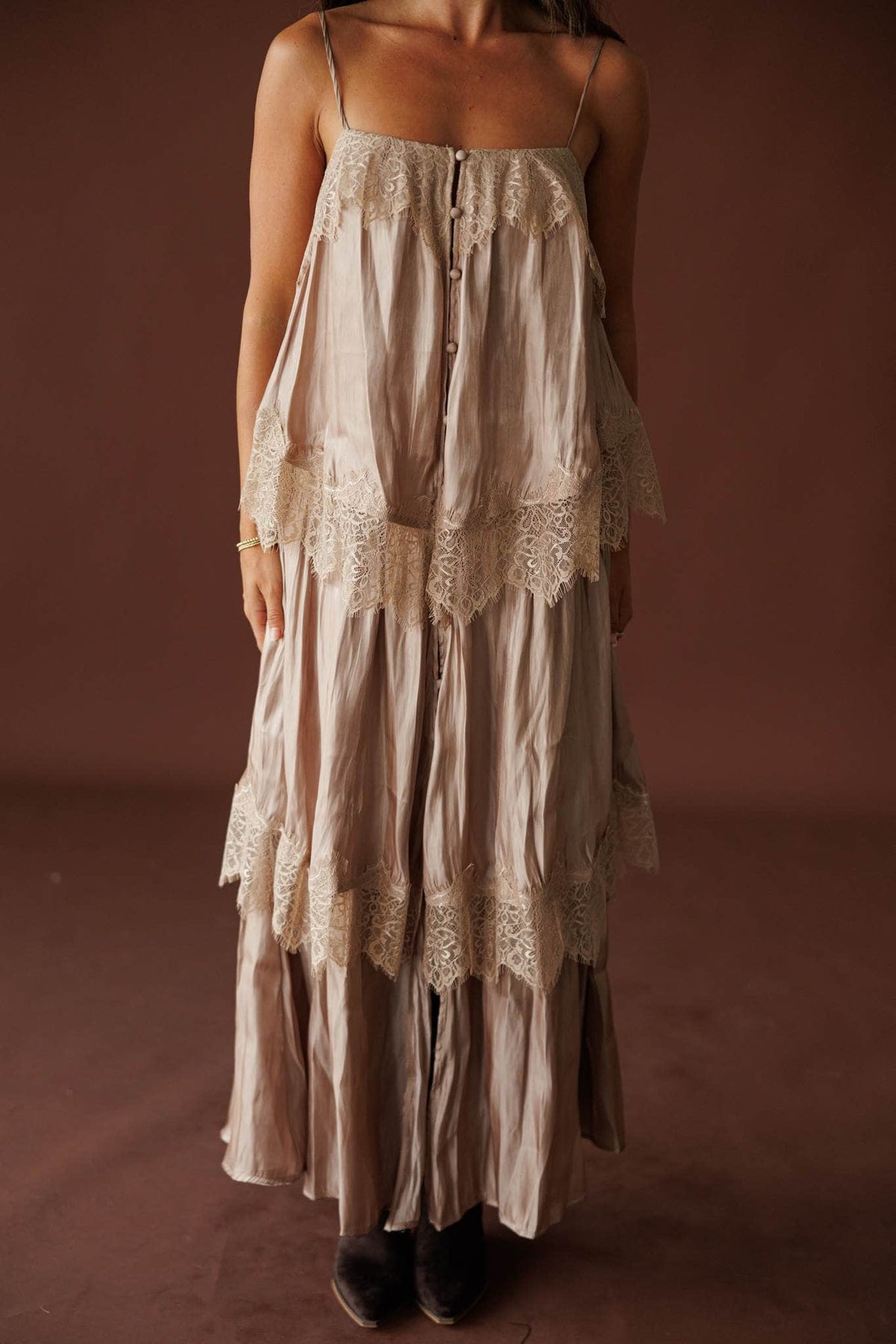 Where The Wildflowers Grow Maxi Dress in sand, full-length front view of the tiered lace skirt