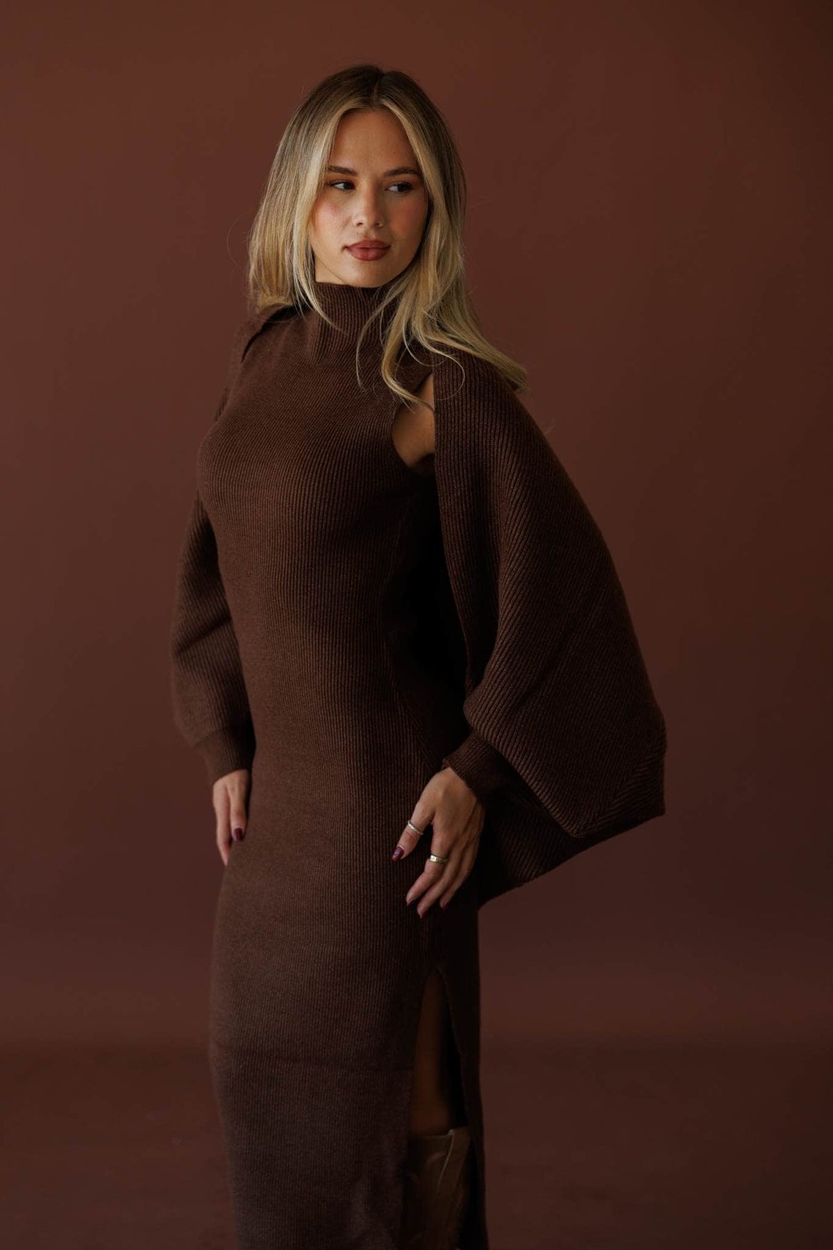 Serving Looks Sweater Dress, in chocolate, side view with a matching shrug
