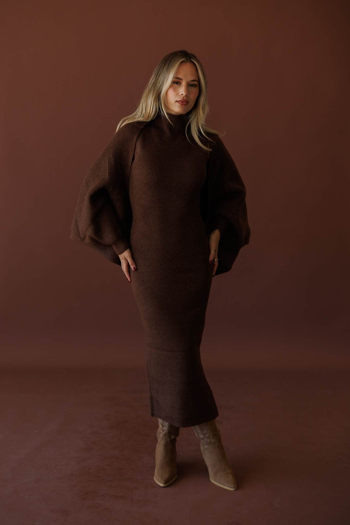 Serving Looks Sweater Dress, in chocolate, three-quarter front view of the sleeveless bodice