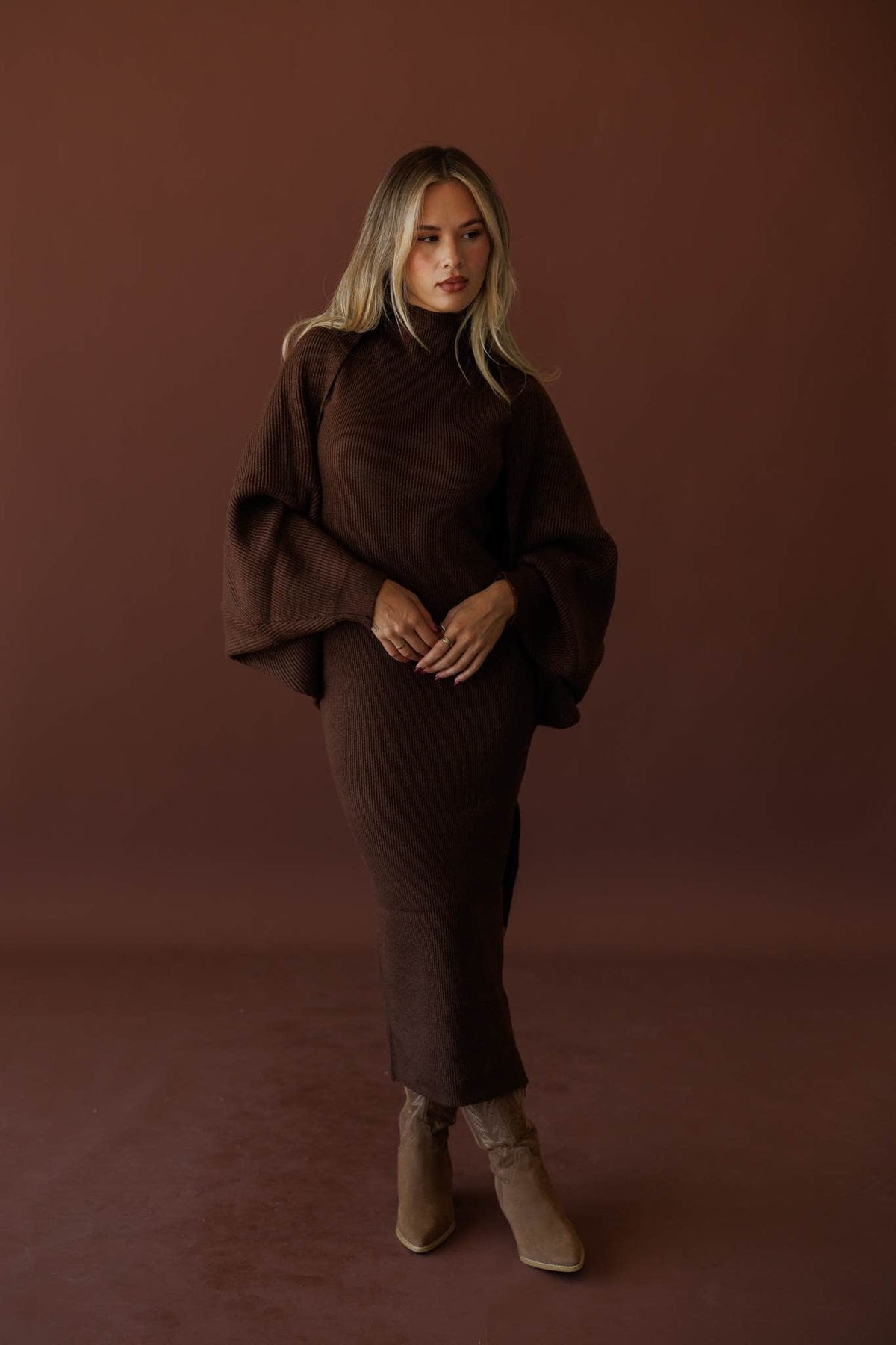 Serving Looks Sweater Dress, in chocolate, front view of the sweater maxi dress