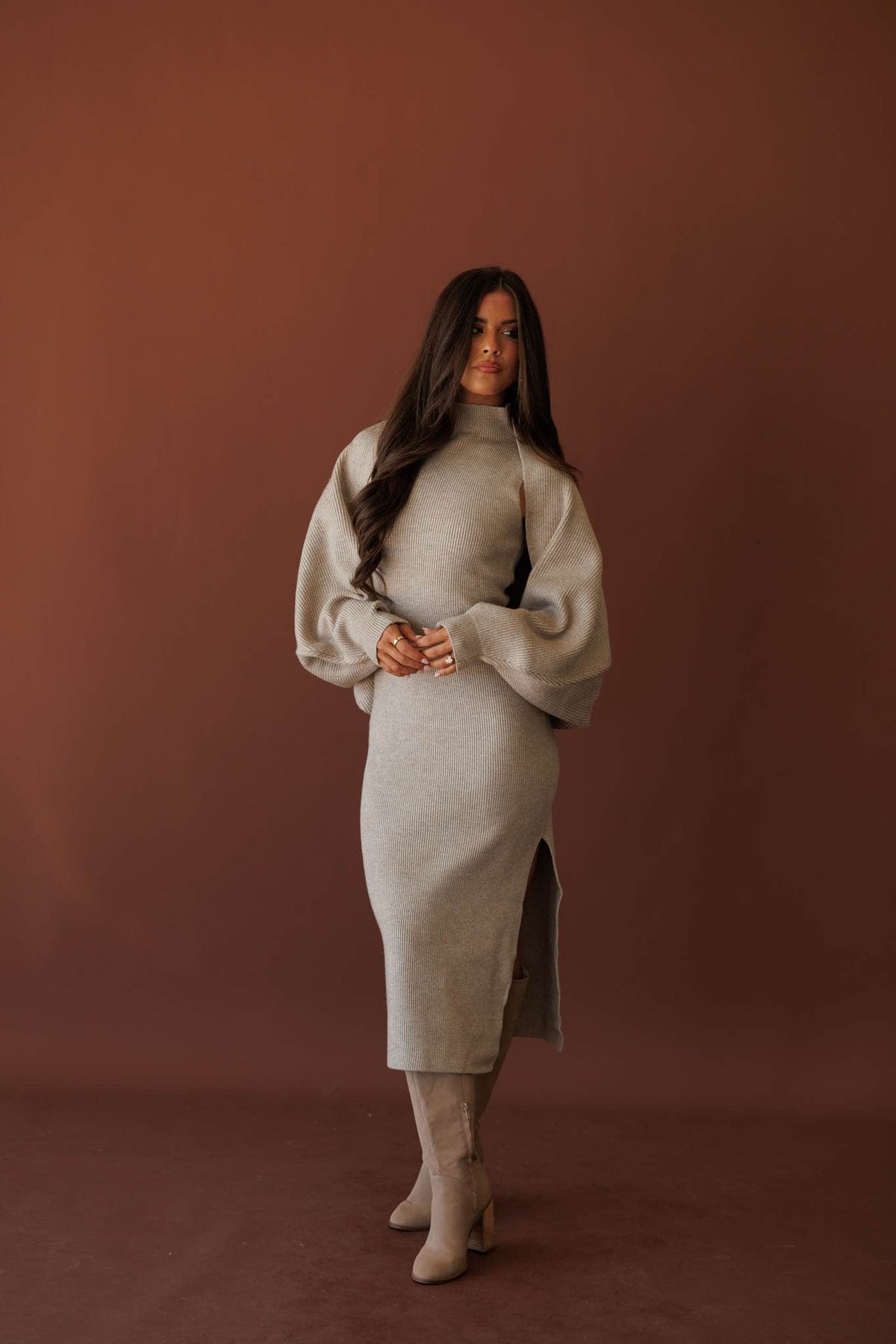 Serving Looks Sweater Dress, in cloud grey, front view of the sleeveless bodice