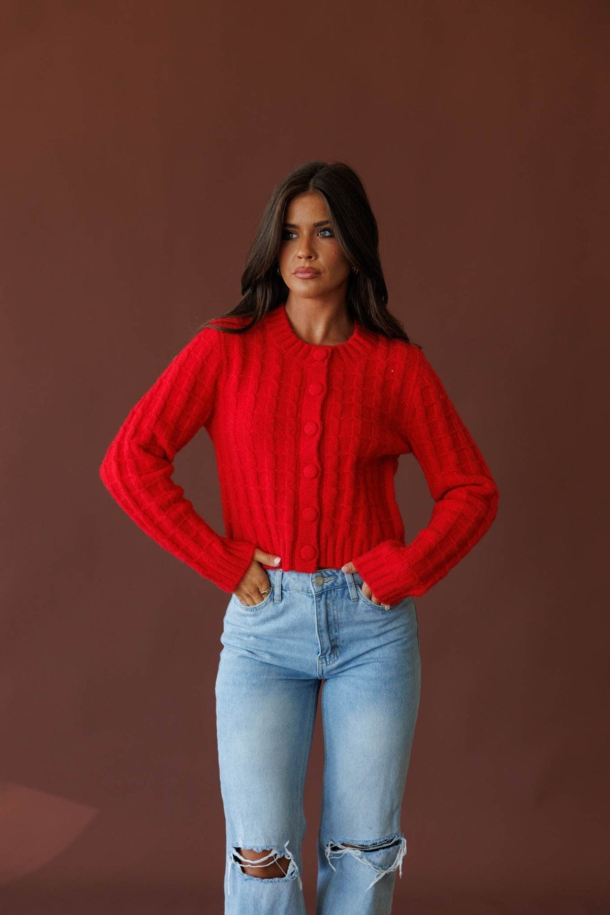 Cherry red cardigan, front view