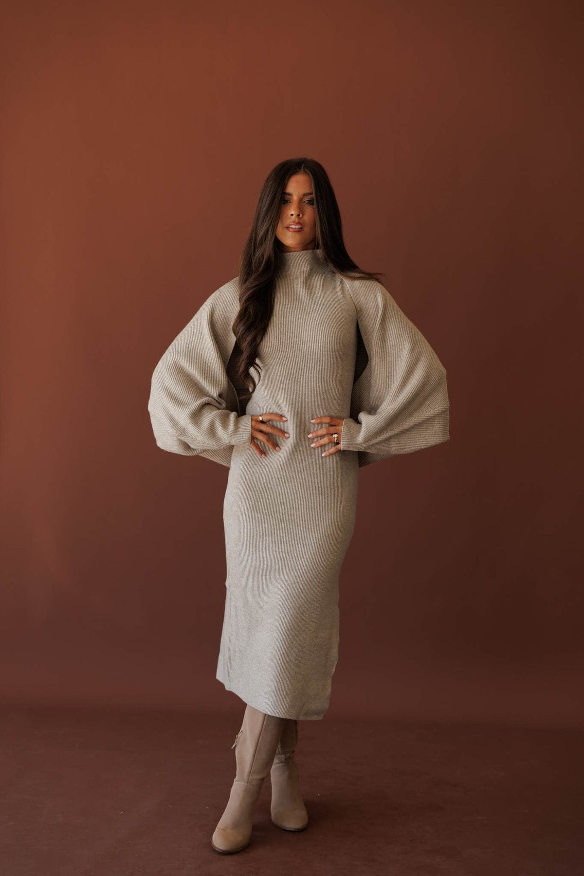 Serving Looks Shrug, in cloud grey, full-length front view of the ribbed shrug