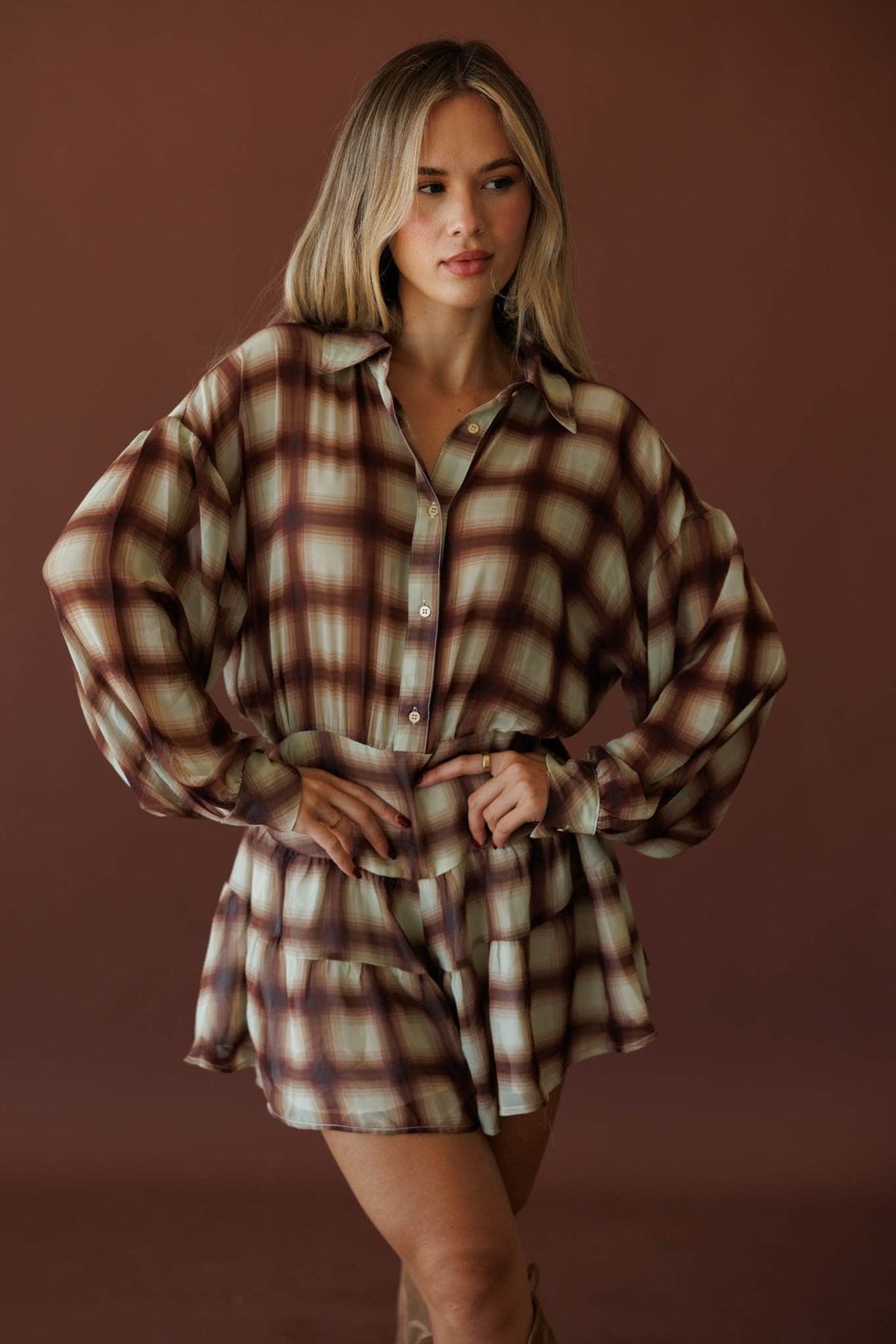 Plaid Lane Romper, front view with the skirt in motion