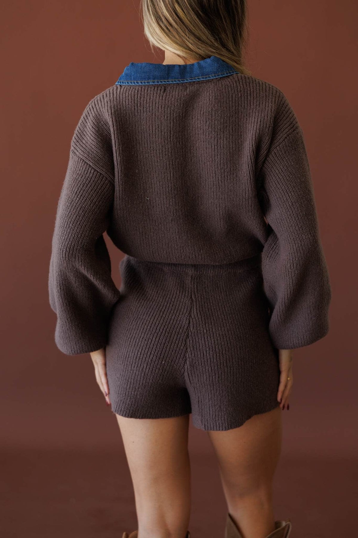 Mixed Signals Sweater Romper, in chocolate, back view of the knit romper