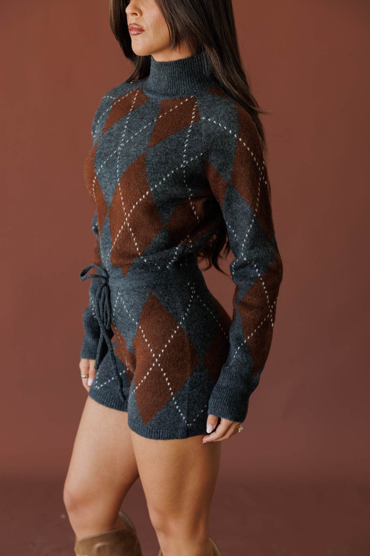 Brown argyle knit romper