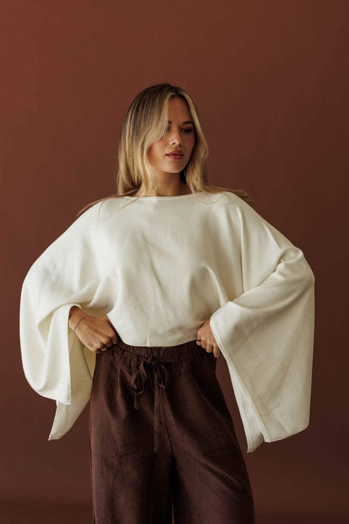 Wide Open Boat Neck Sweater, in cream, front view of the cropped boxy body